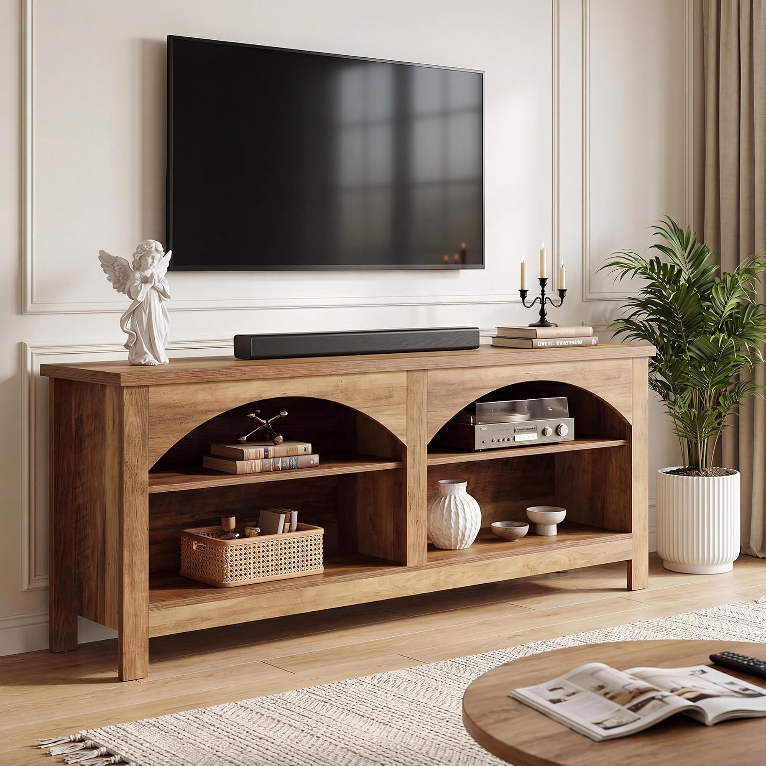 160 cm TV-meubel, landelijk entertainmentsysteem met 2-laags plank