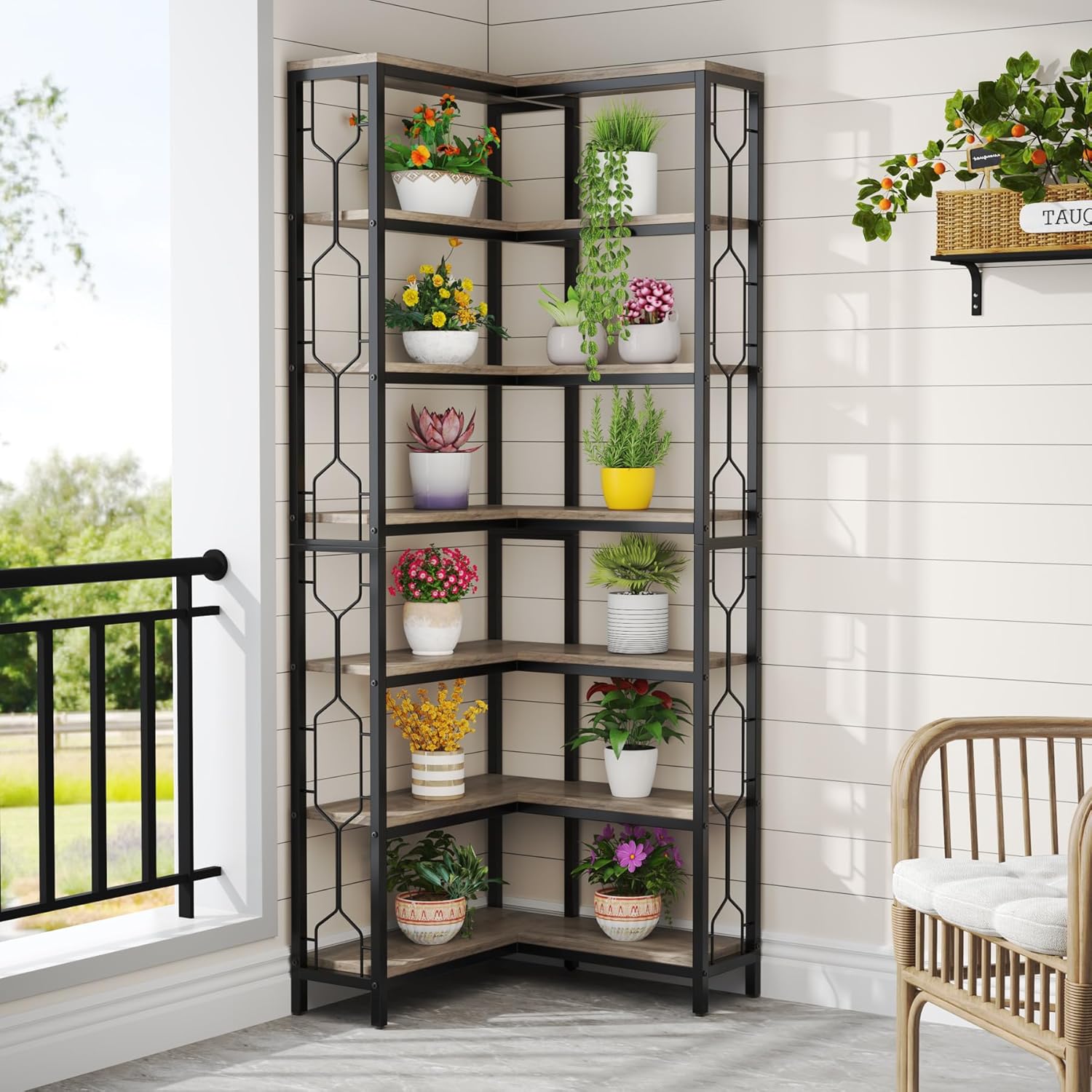 200 cm Hoge Industriële Hoekkast, 7-Lags Hoekwandplanken in Rustiek Bruin voor Woonkamer en Kantoor