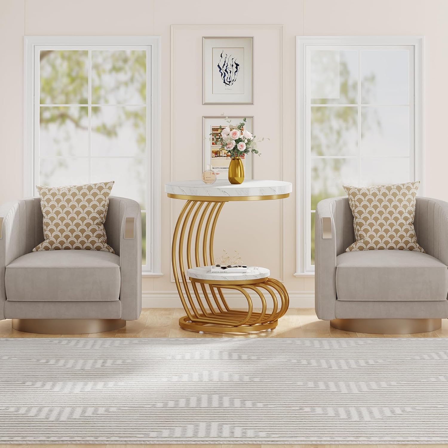 50 cm Ronde Bijzettafel, Moderne Design met Gouden Frame en Witte Afwerking