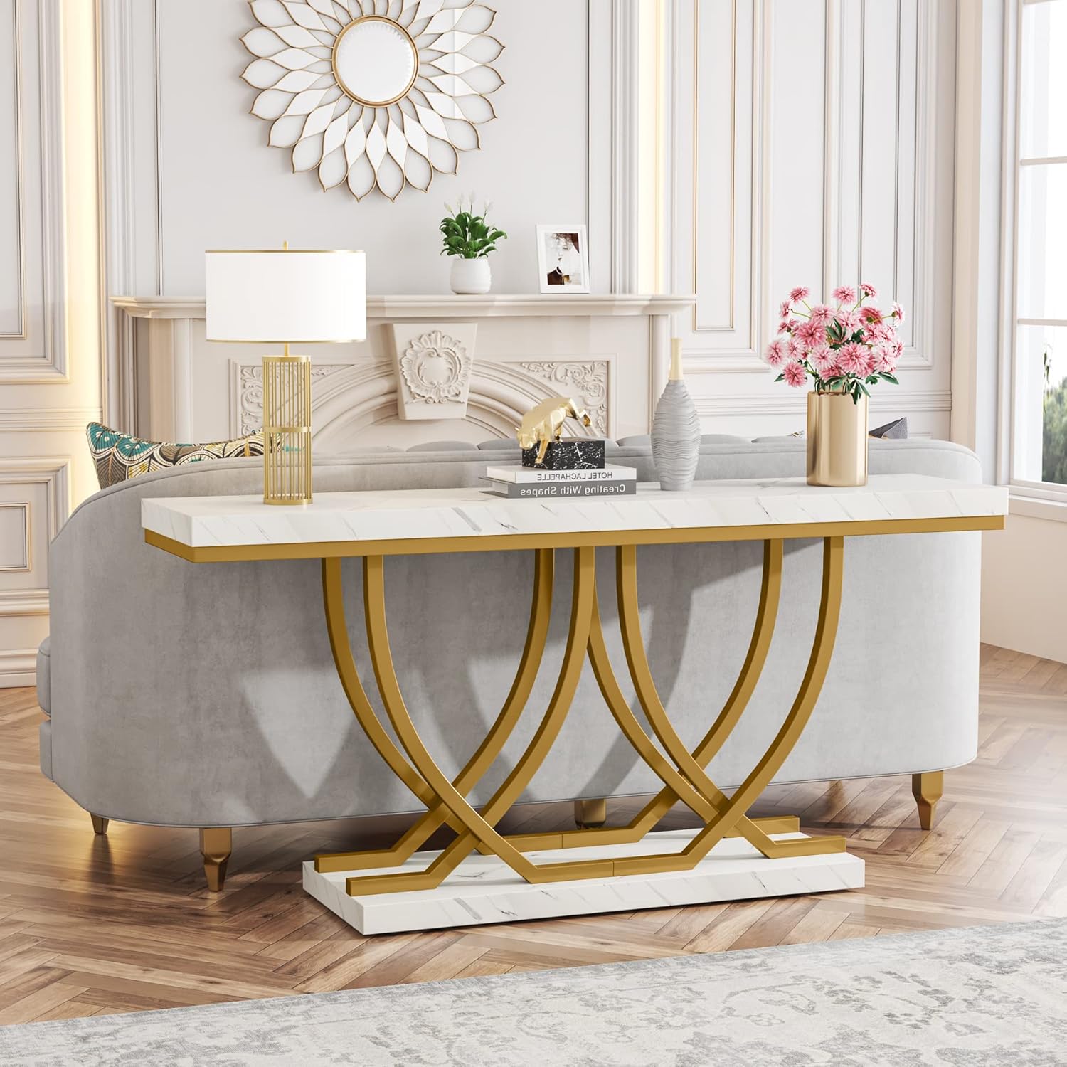 150 cm Moderne Console met Marmer Look, Gouden Metalen Frame voor Entree en Woonkamer