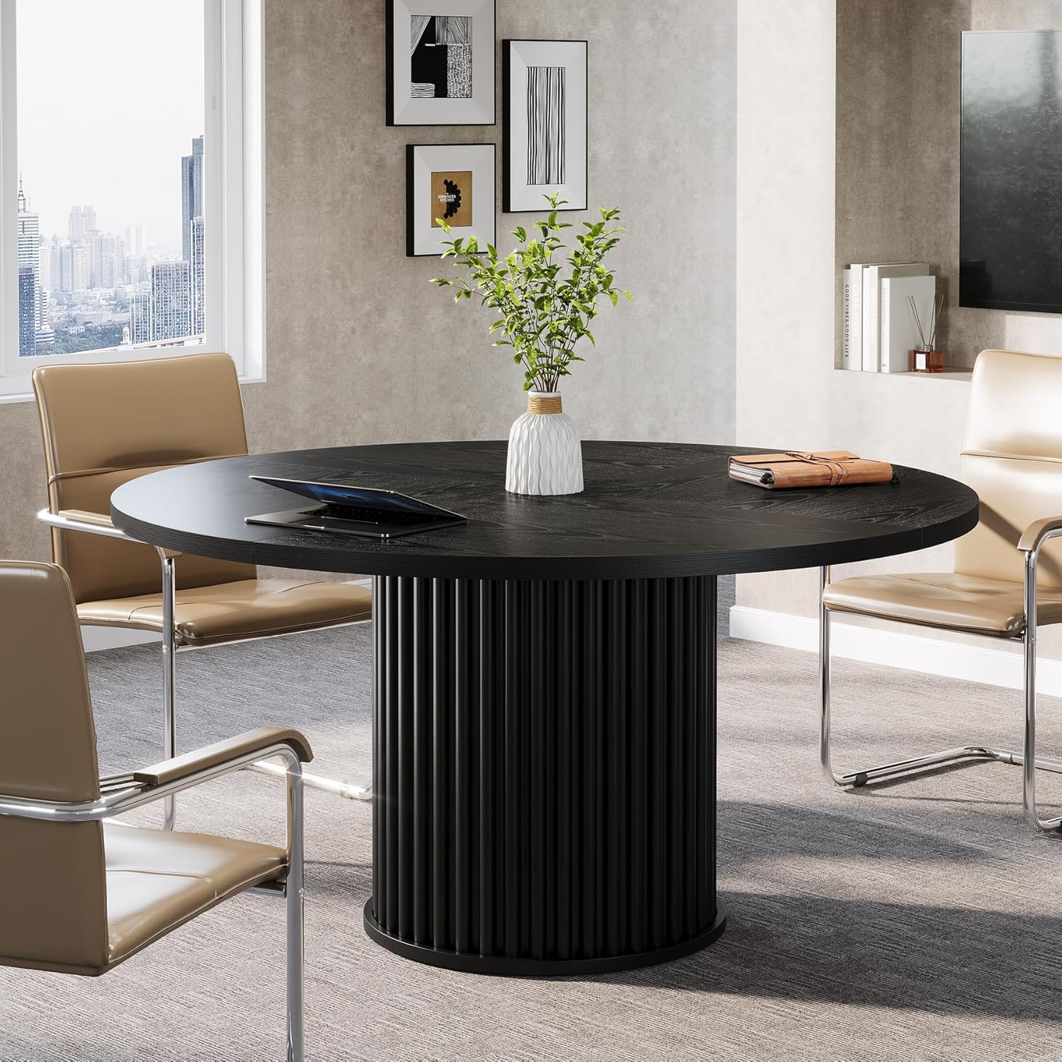 120 cm Zwart Ronde Conferentietafel, Stabiel Bureau voor 4-6 Personen