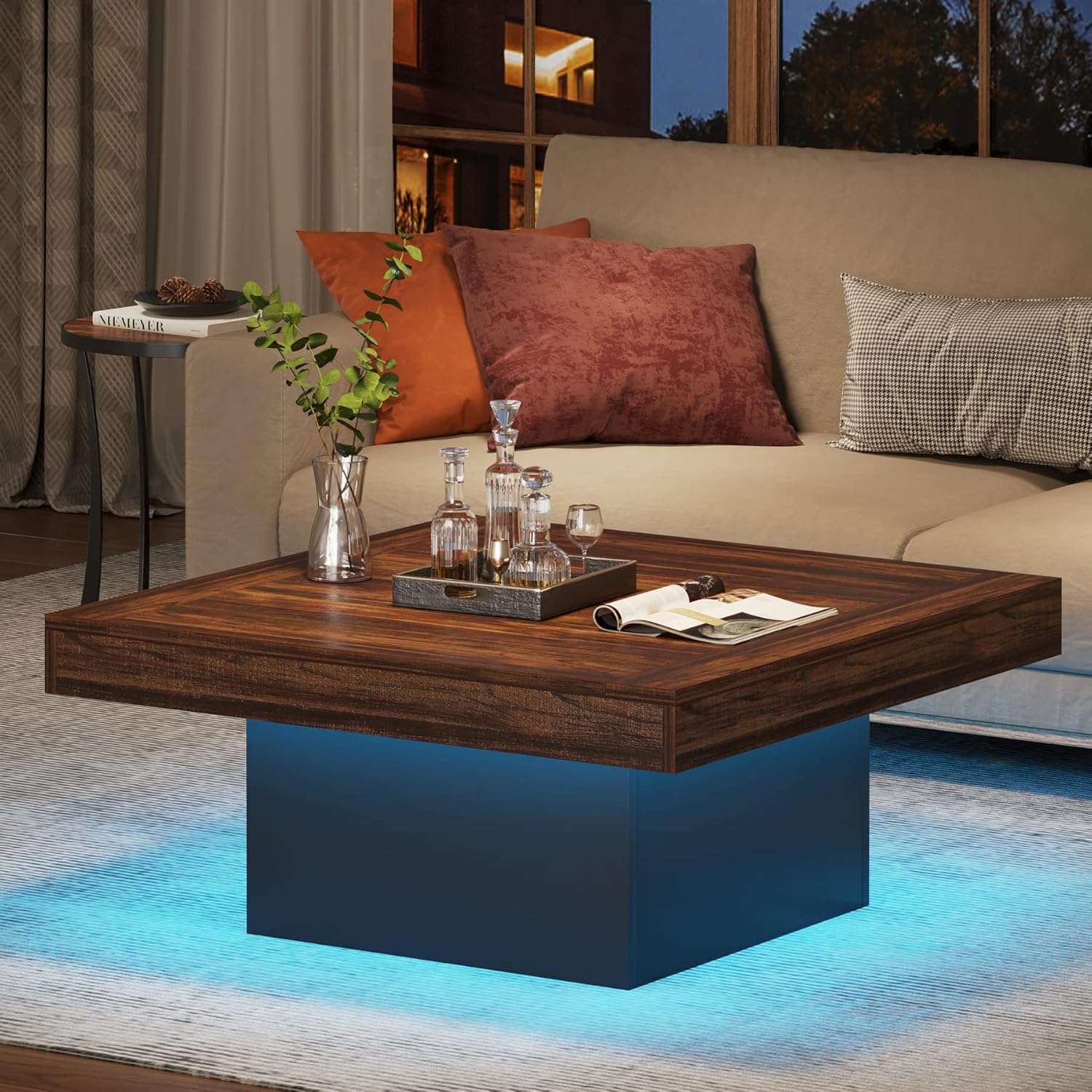 90 x 90 x 45 cm Tribesigns vierkante salontafel met LED-verlichting, moderne houten middentafel voor woonkamer