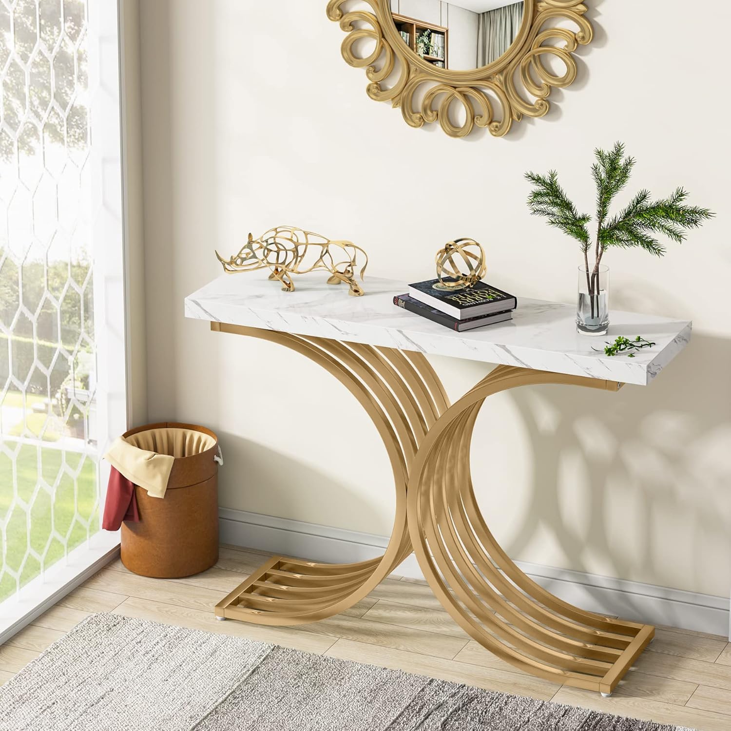 100 cm Smalle Console Tafel, Zijdelingse Tafel met Gouden Metaal Frame