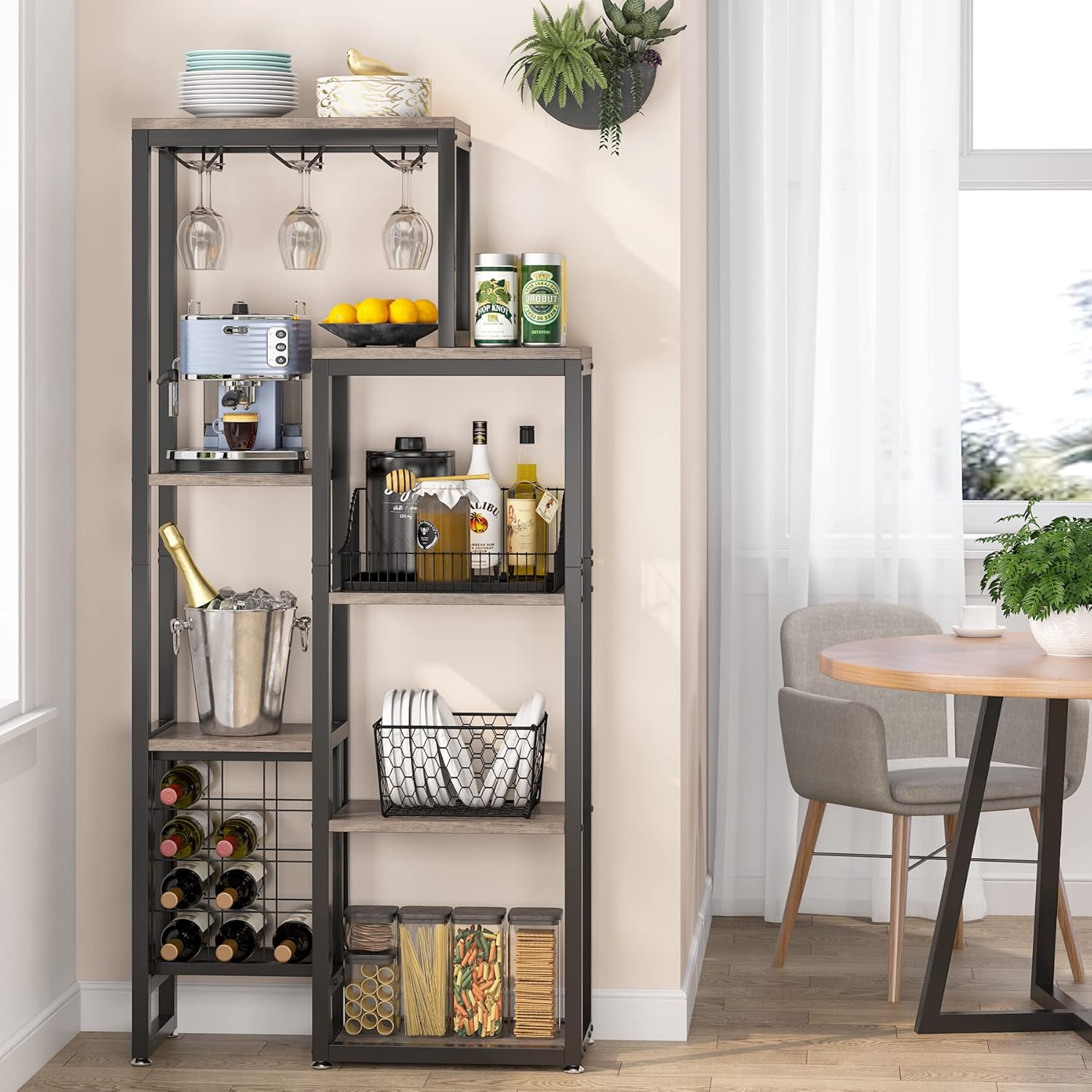 80 cm Vrijstaand Wijnrek, 5 Laags Industrieel Design met Glas Houder in Bruin