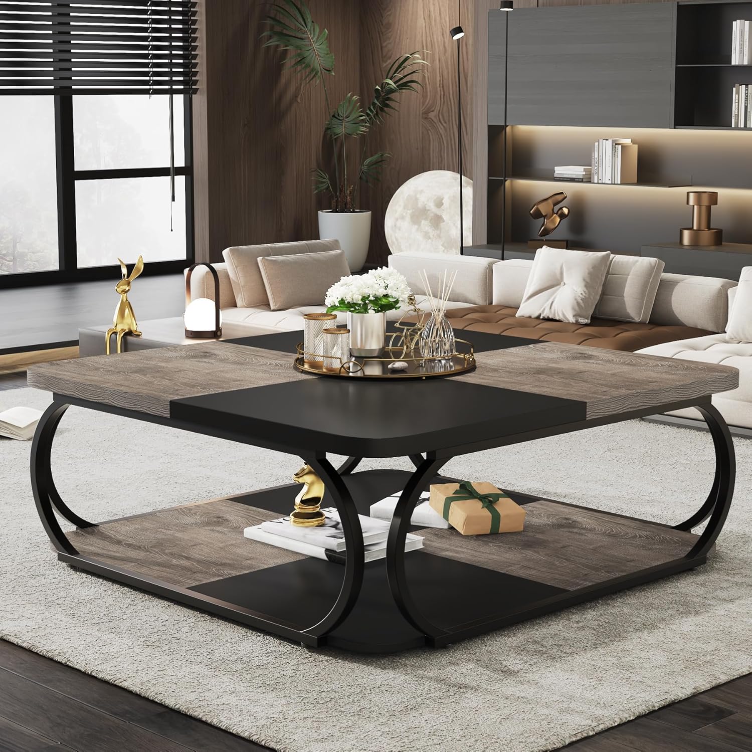 100 cm Vierkante Salontafel met Dubbele Planken, Landelijke Tafel met Metal Frame