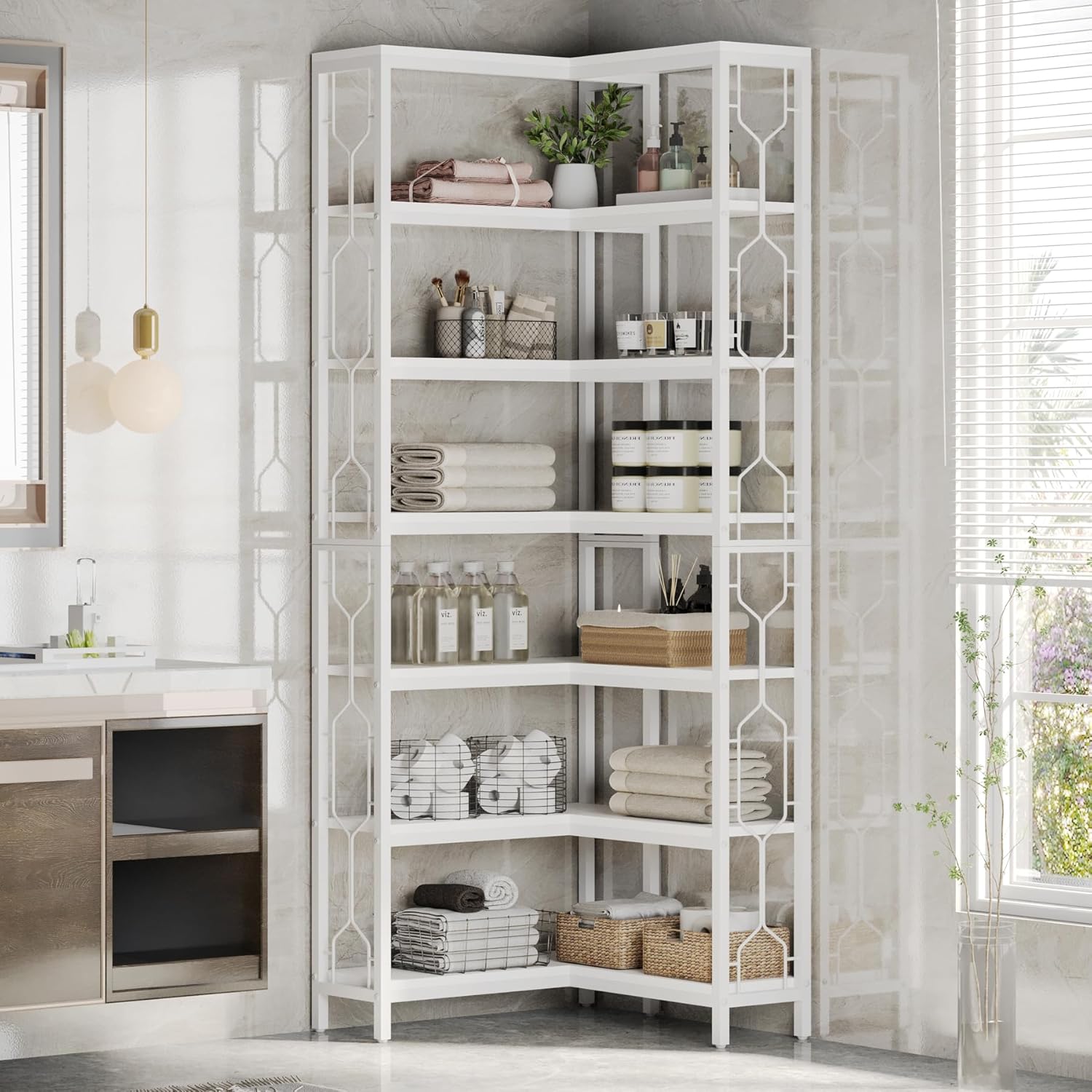 200 cm Hoge Industriële Hoekkast, 7-Lags Hoekwandplanken in Rustiek Bruin voor Woonkamer en Kantoor