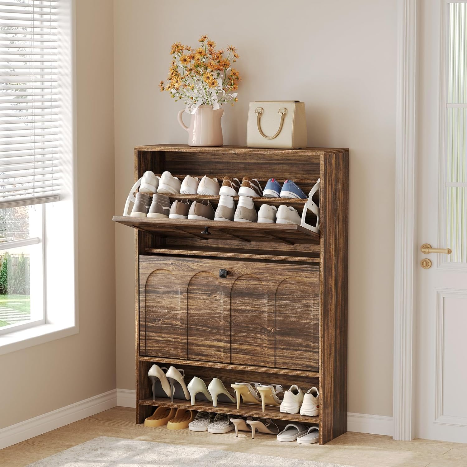 100 cm Schoenenkast, Smalle Opbergmeubel met Twee Lades voor Hal en Entree