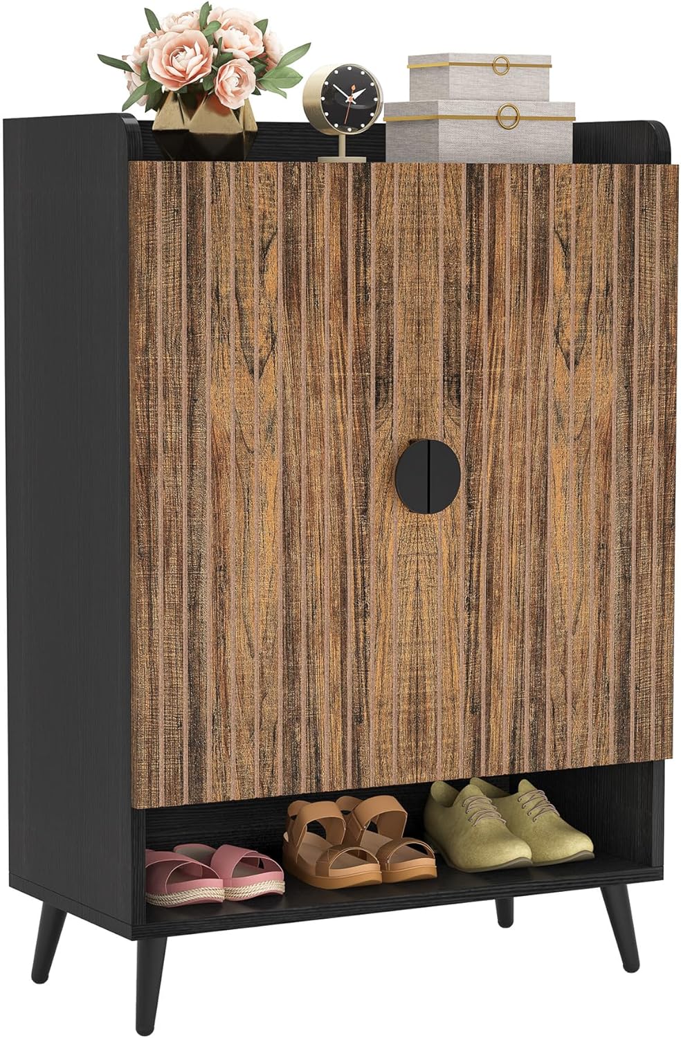 75x37x110 cm Smalle schoenenkast met 7 planken, biedt plaats aan 25 paar en heeft een stijlvol gouden frame