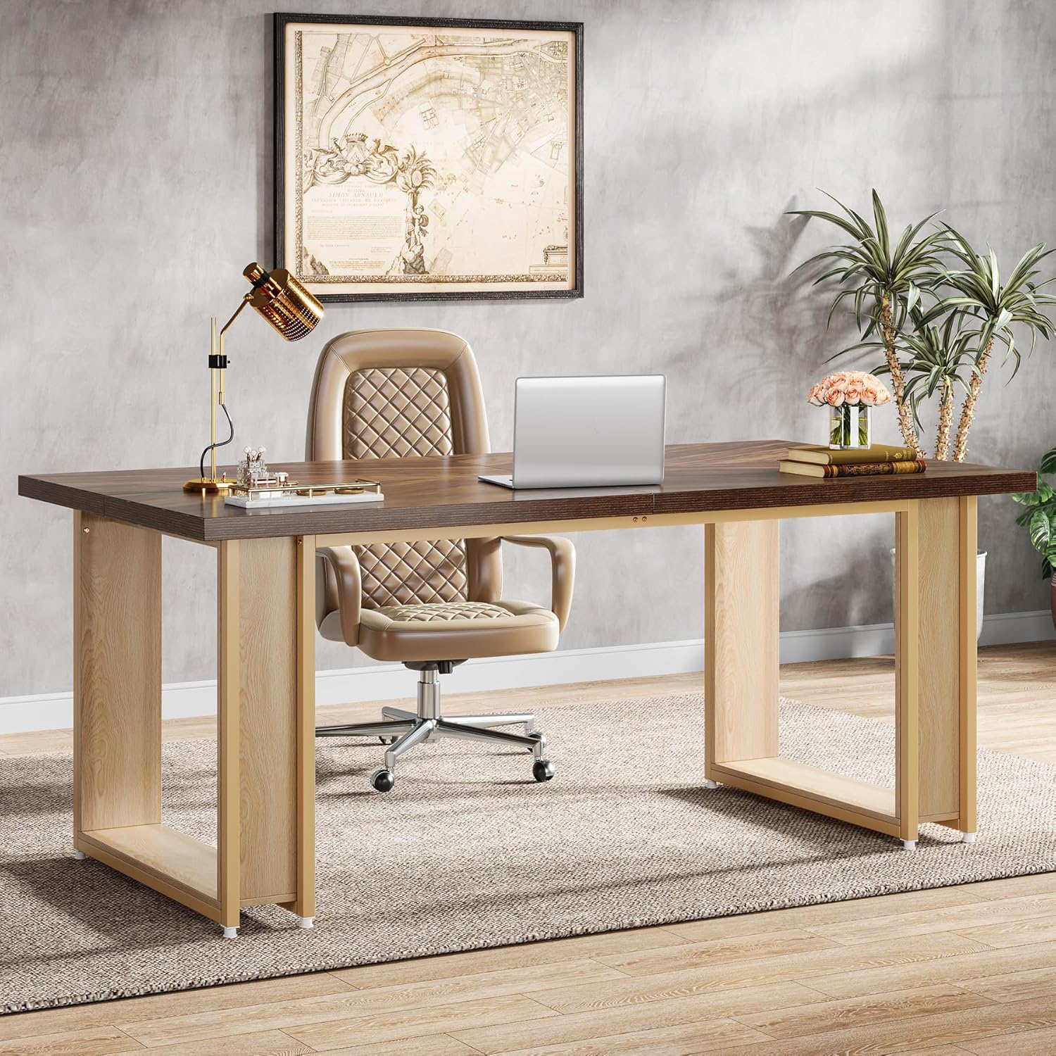 160 cm Kantoor Bureau, Houten Werktafel met Stabiel Metalen Frame in Bruin