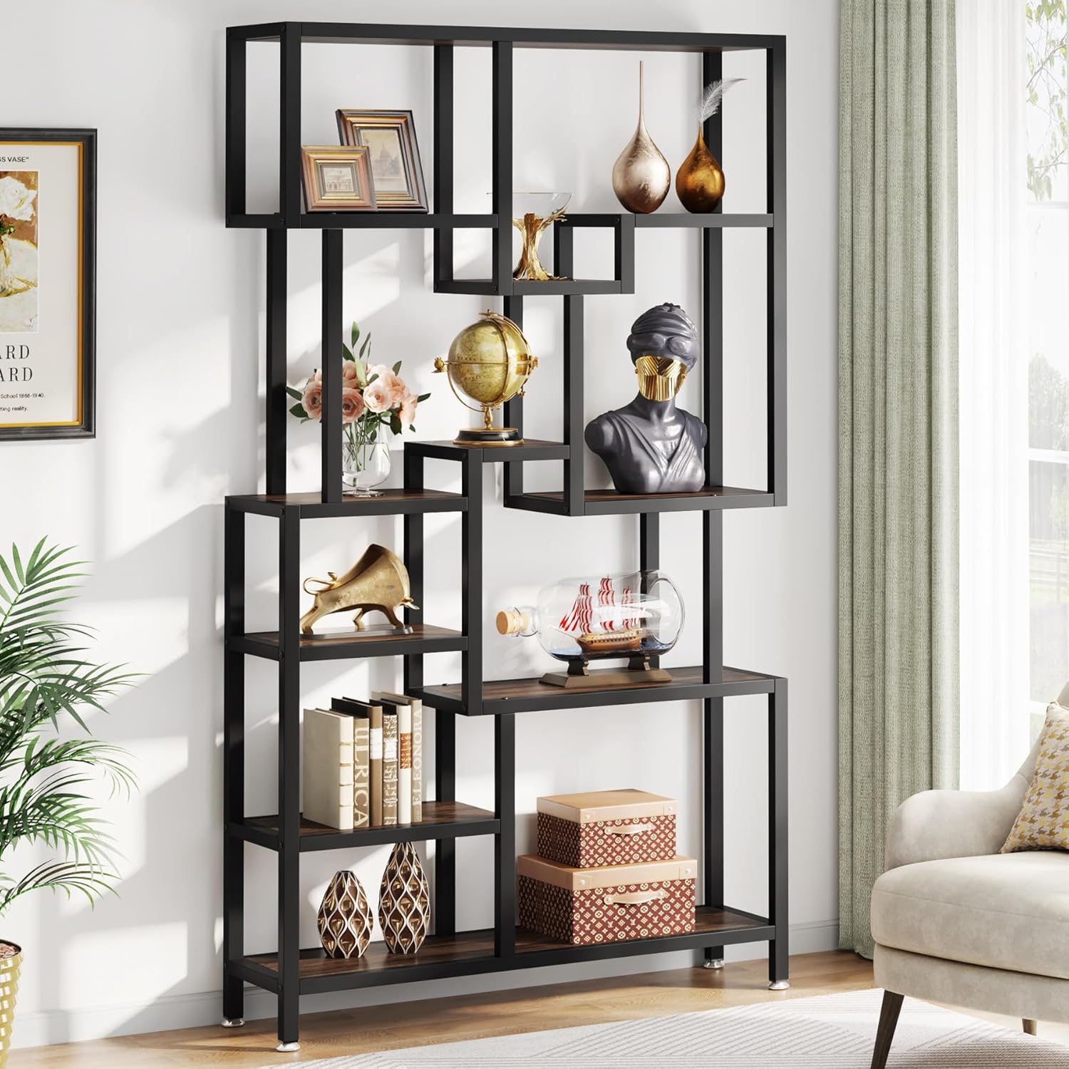 180 cm Hoge Boekenkast, Industriële Boekenplank met Zeven Open Planken voor Woonkamer