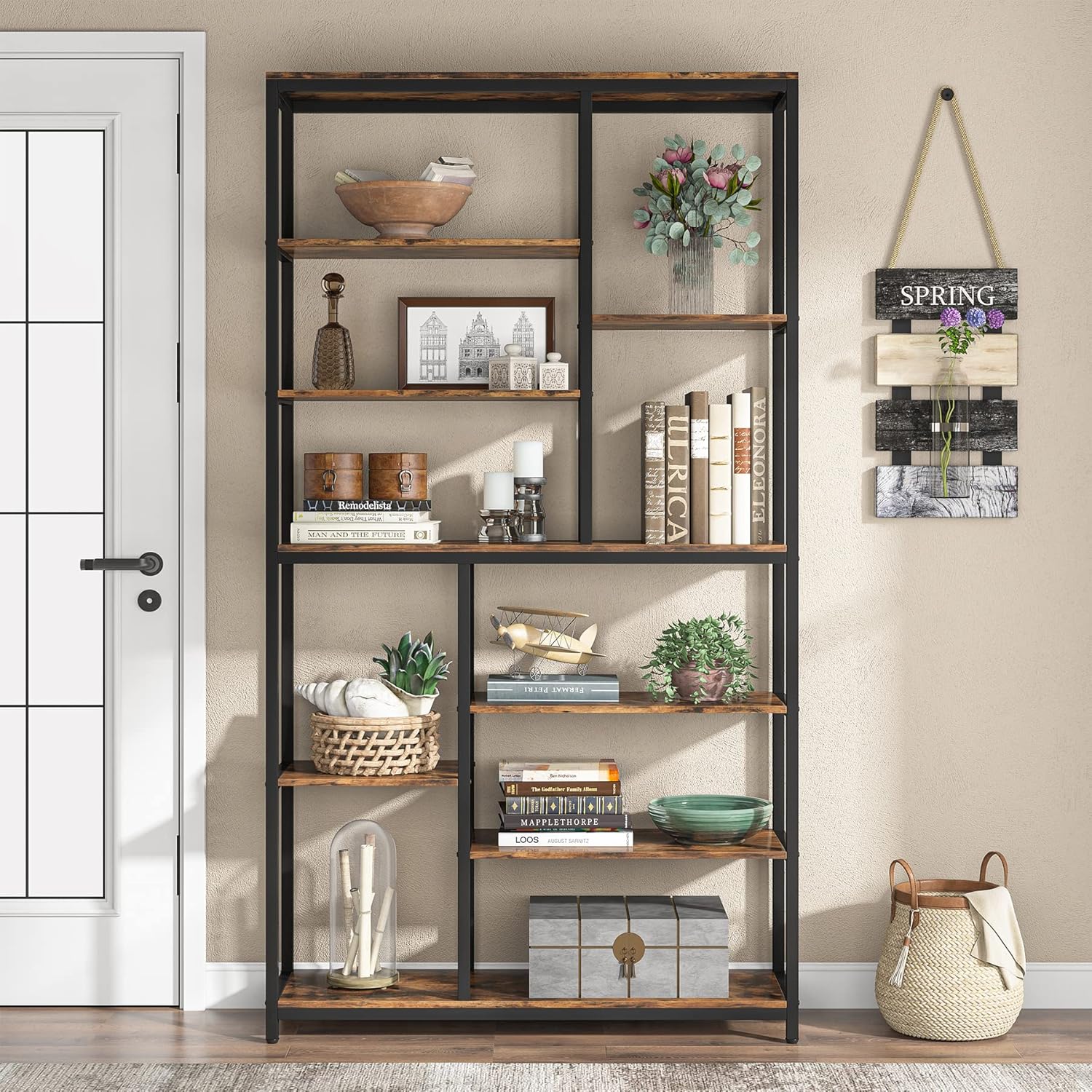 200 cm Hoge Boekenplank, 8-Laags Open Boekenkast met Brede Houten Etagère voor Woonkamer