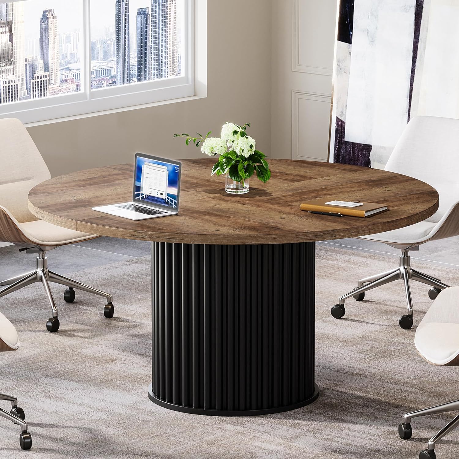 120 cm Zwart Ronde Conferentietafel, Stabiel Bureau voor 4-6 Personen