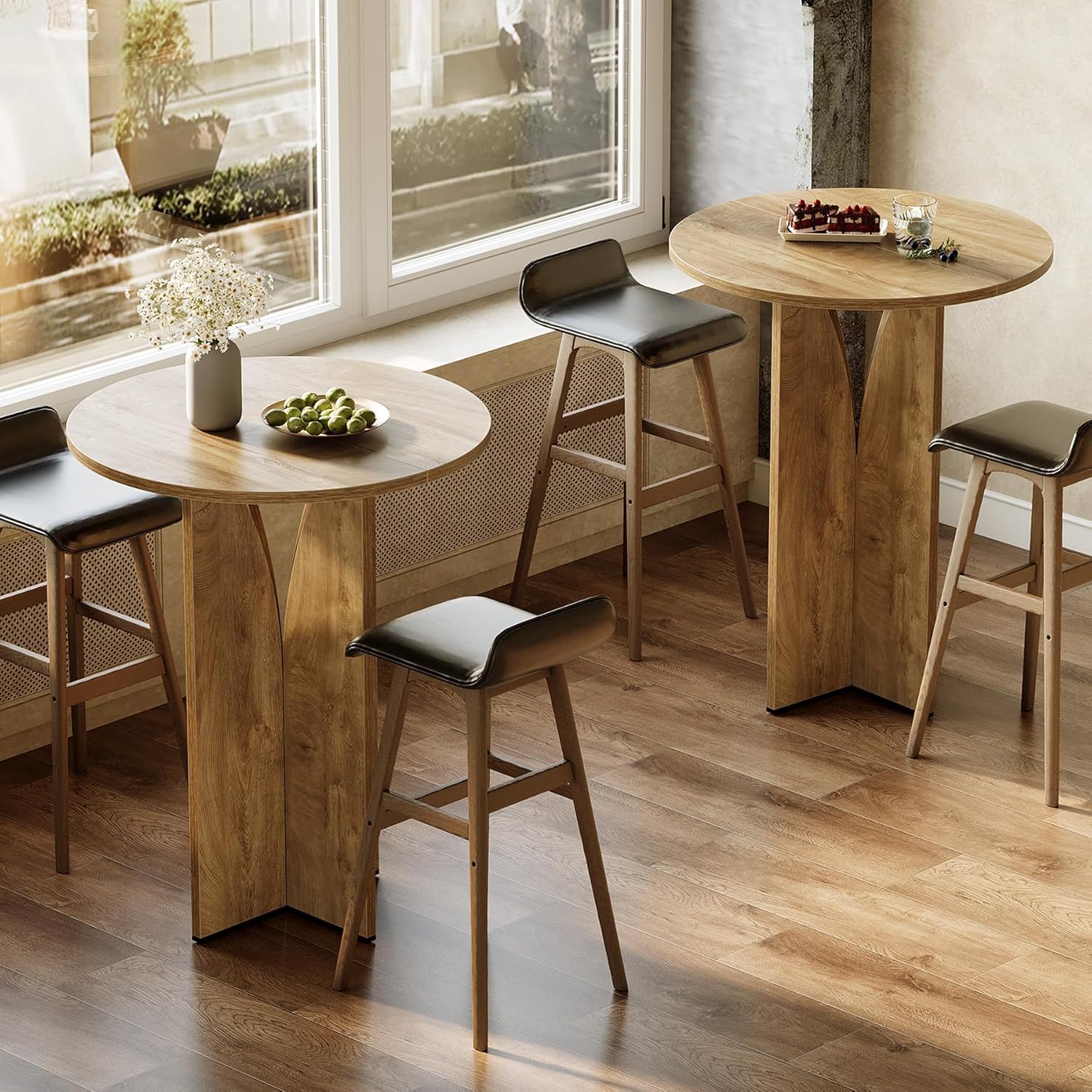 80cm Ronde Bartafel met Staatafelhoogte, Massief Houten Bar voor Bistro en Woonkamer in Bruine Afwerking