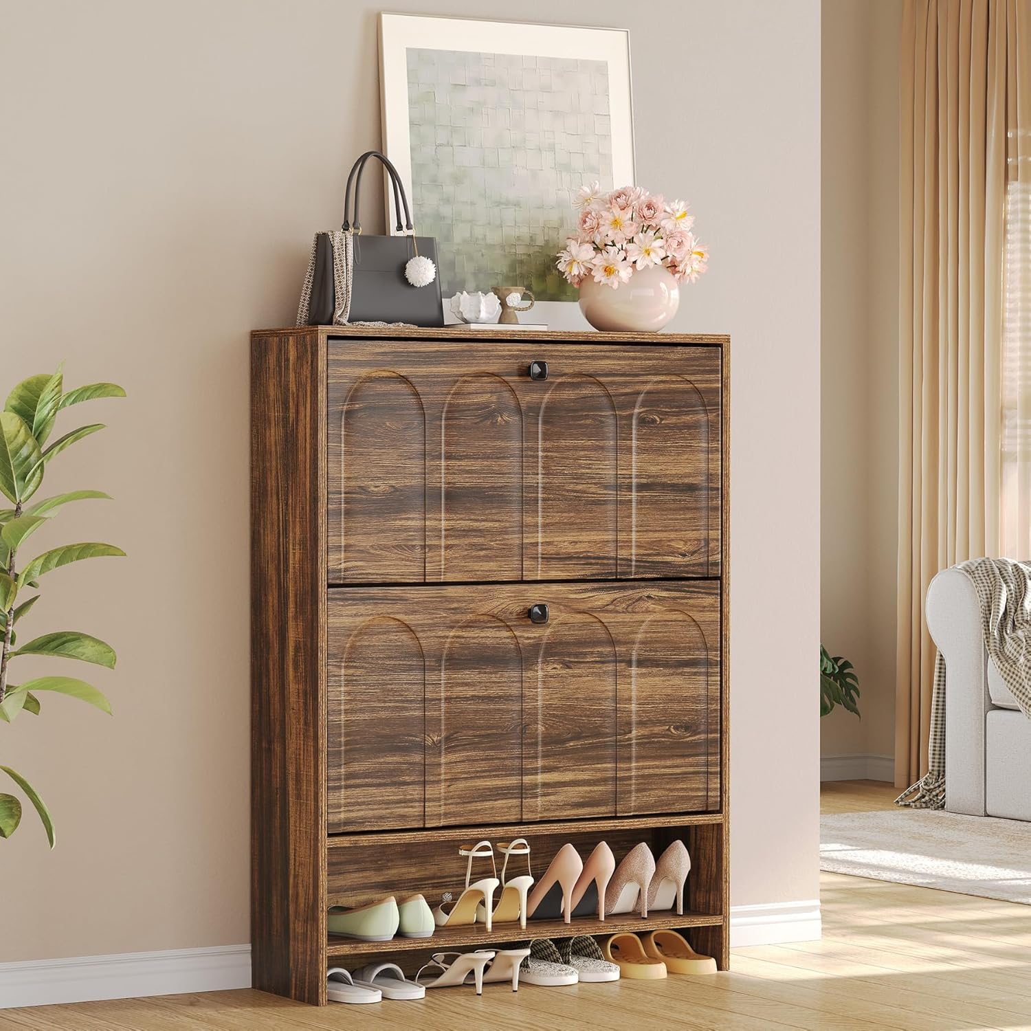 100 cm Schoenenkast, Smalle Opbergmeubel met Twee Lades voor Hal en Entree