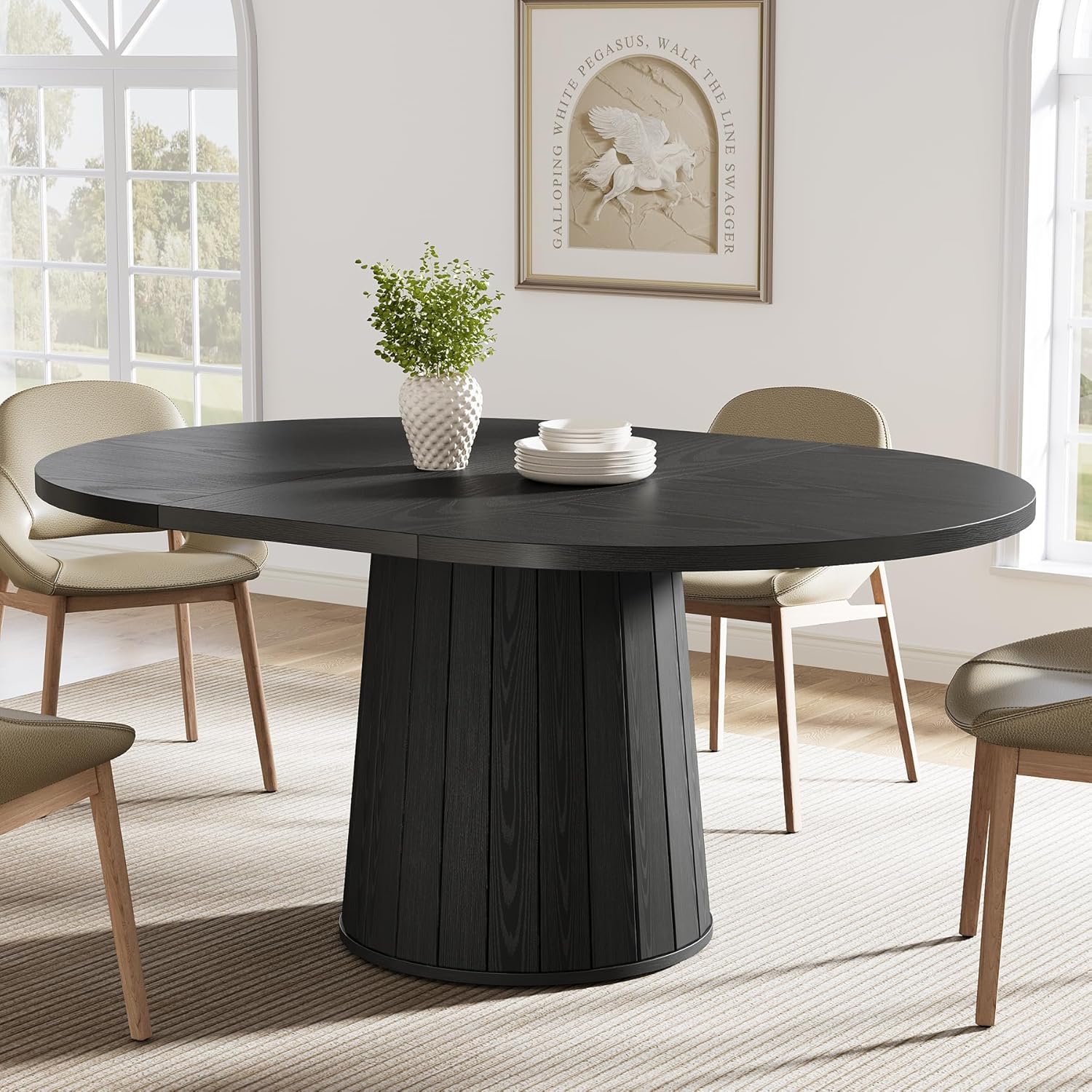 140 cm Ovale Eettafel voor 6 Personen, Landelijke Keukentafel met Cilindervormige Pijler