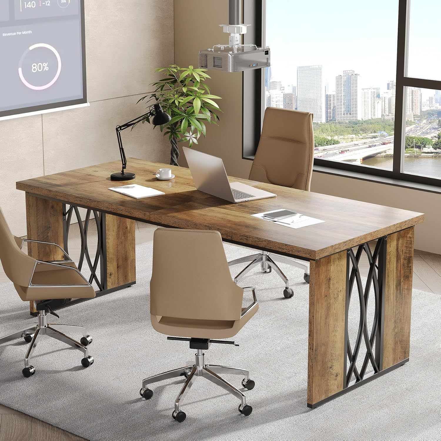 200 cm Bureau voor Twee Personen, Landelijke Lange Schrijftafel voor Thuiskantoor