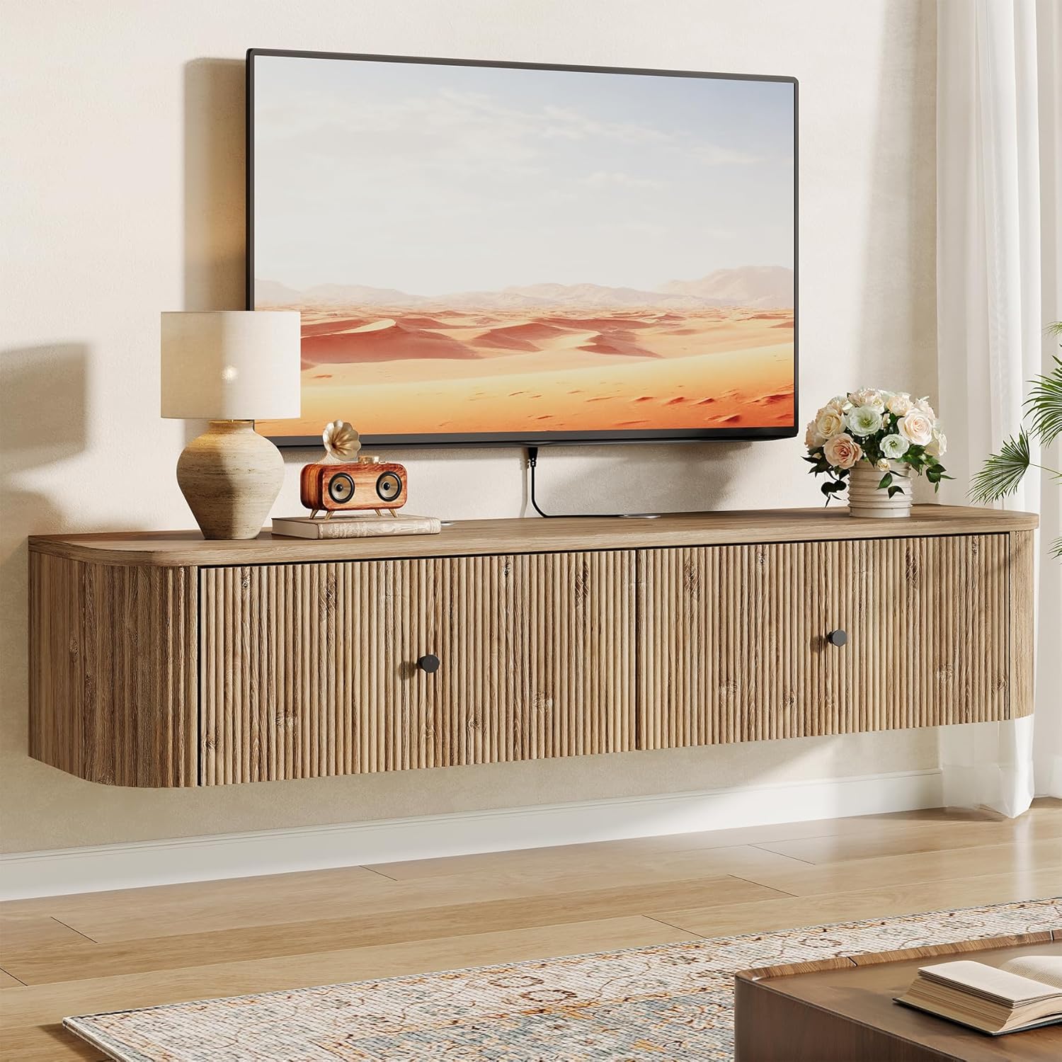 Tribesigns zwevend tv-meubel met 2 geribbelde lades, wandgemonteerde mediakast voor woonkamer en slaapkamer