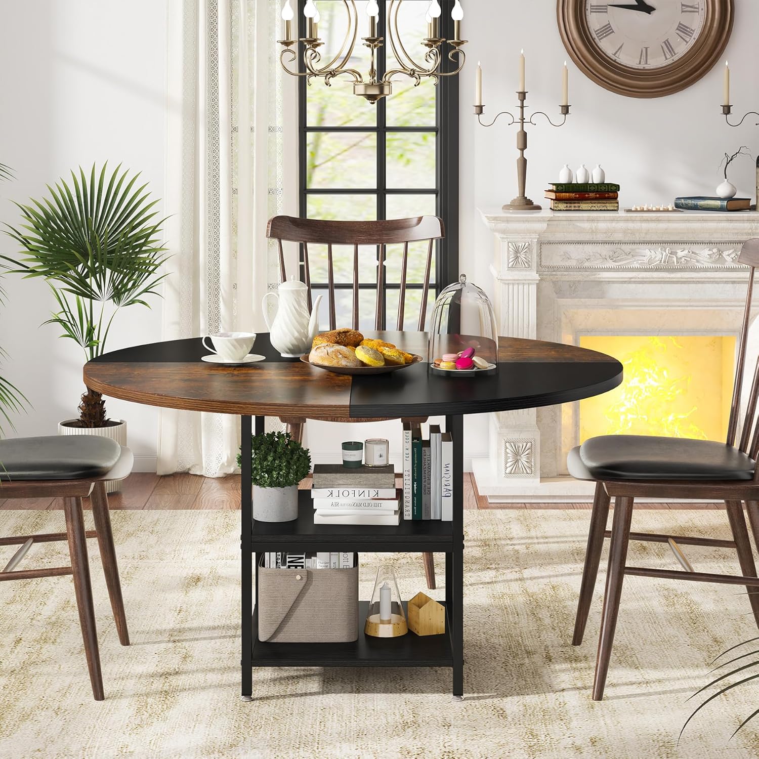 Ronde Eettafel voor Vier Personen, Met Handige Opbergplank in Rustiek Bruin en Zwart