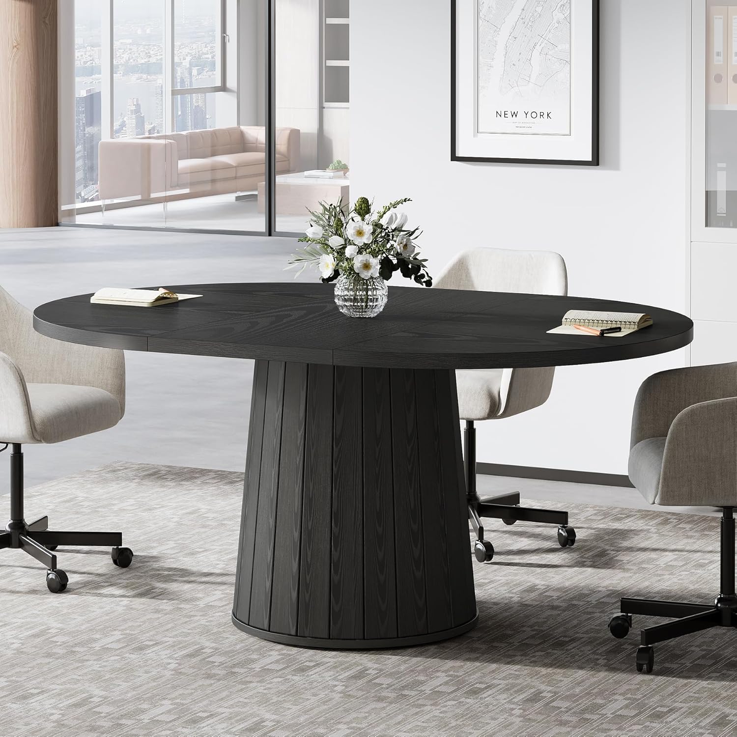 140 cm Ovale Vergadertafel voor 6 Personen, Houten Meetingtafel met Houten Onderstel voor Kantoor