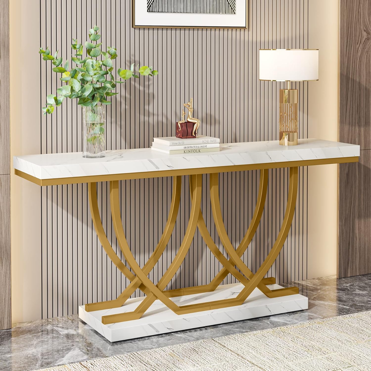 150 cm Moderne Console met Marmer Look, Gouden Metalen Frame voor Entree en Woonkamer