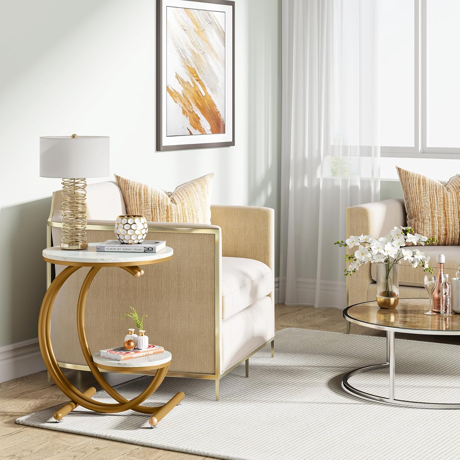 Moderne Bijzettafel met Marmerlook, Ronde Design Tafel met 2 Etages en C-vormige Poten voor Woonkamer