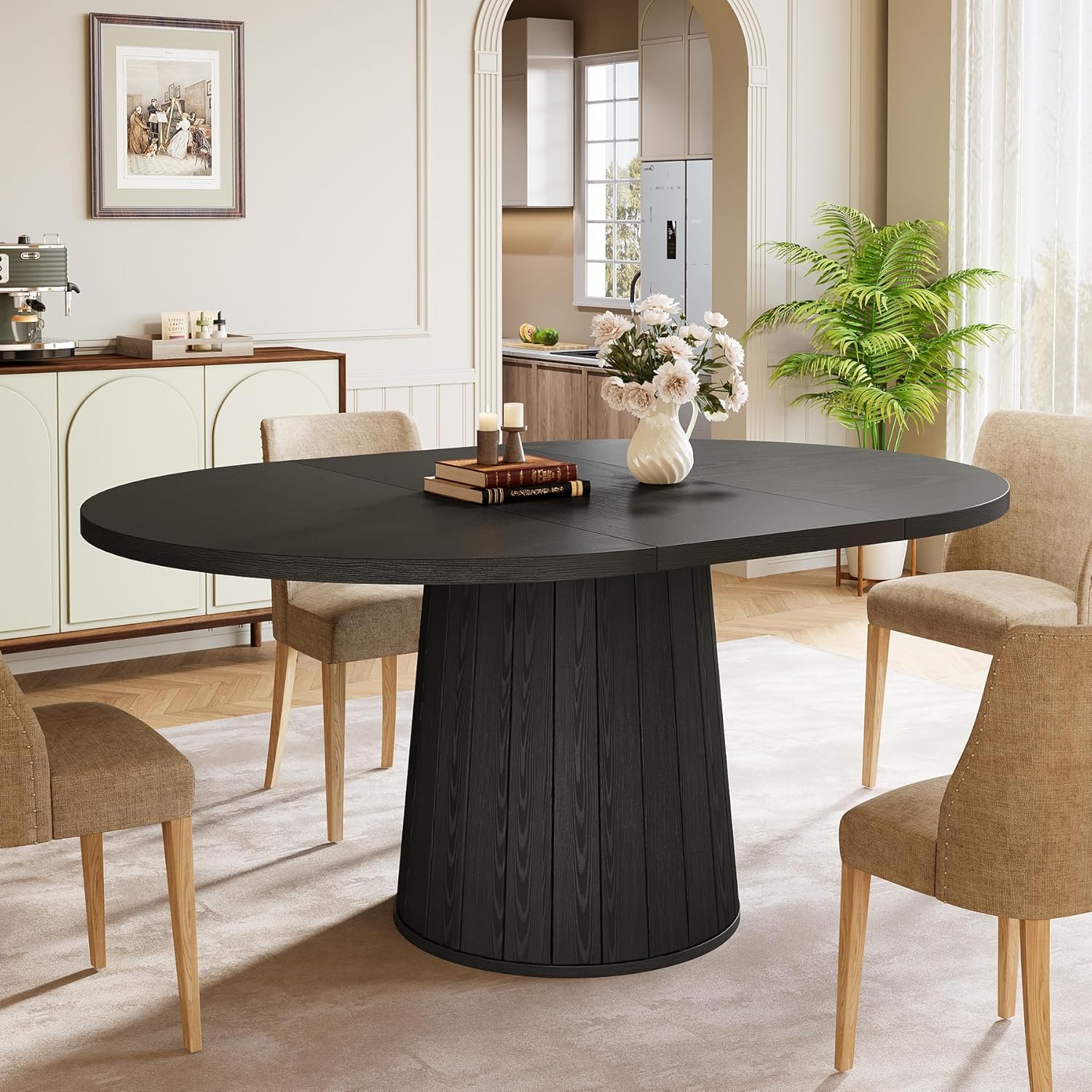 140 cm Ovale Eettafel voor 6 Personen, Landelijke Keukentafel met Cilindervormige Pijler