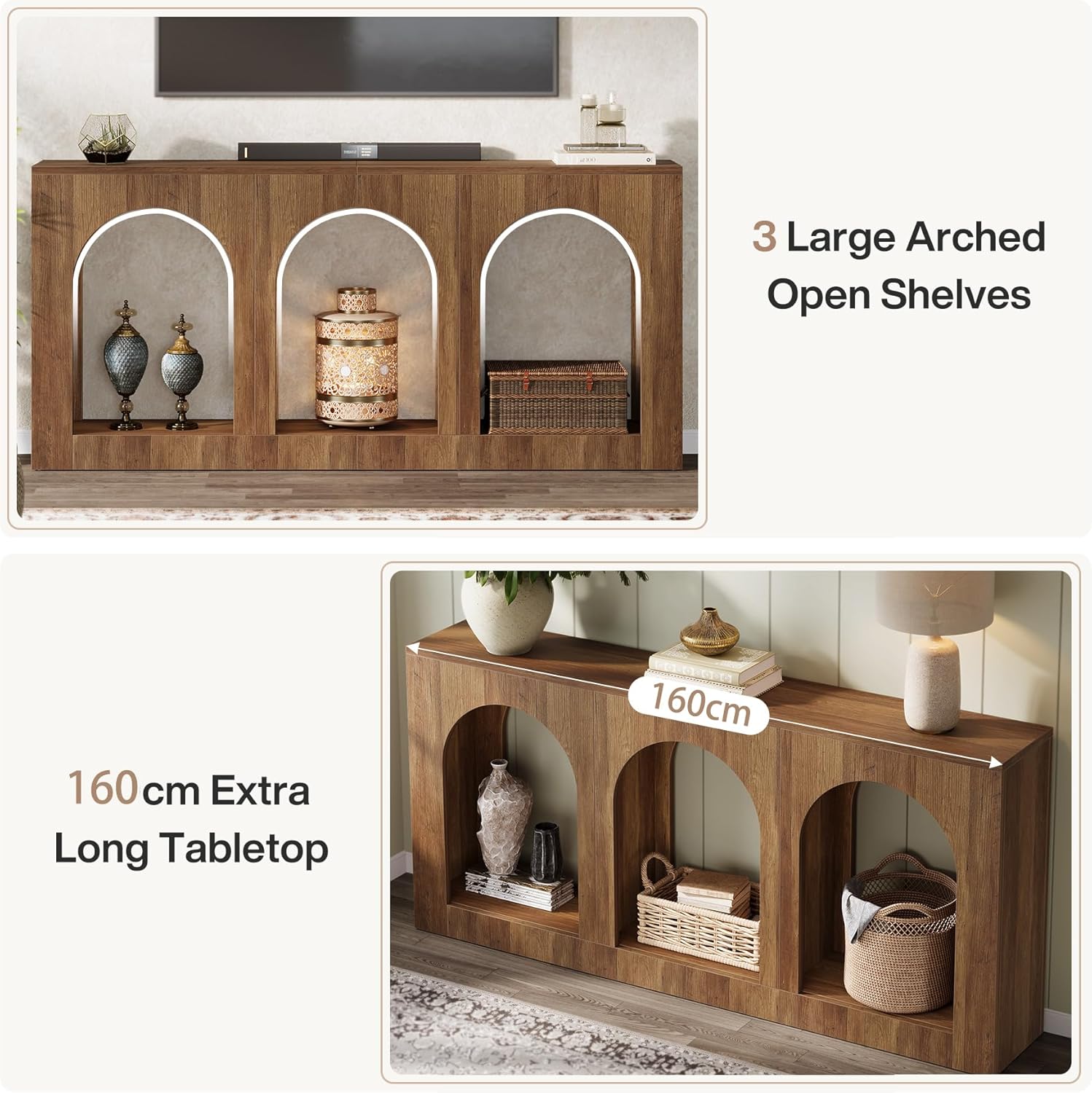 160 cm Console Tafel, Houten Tafel met 3 Boogvormige Planken