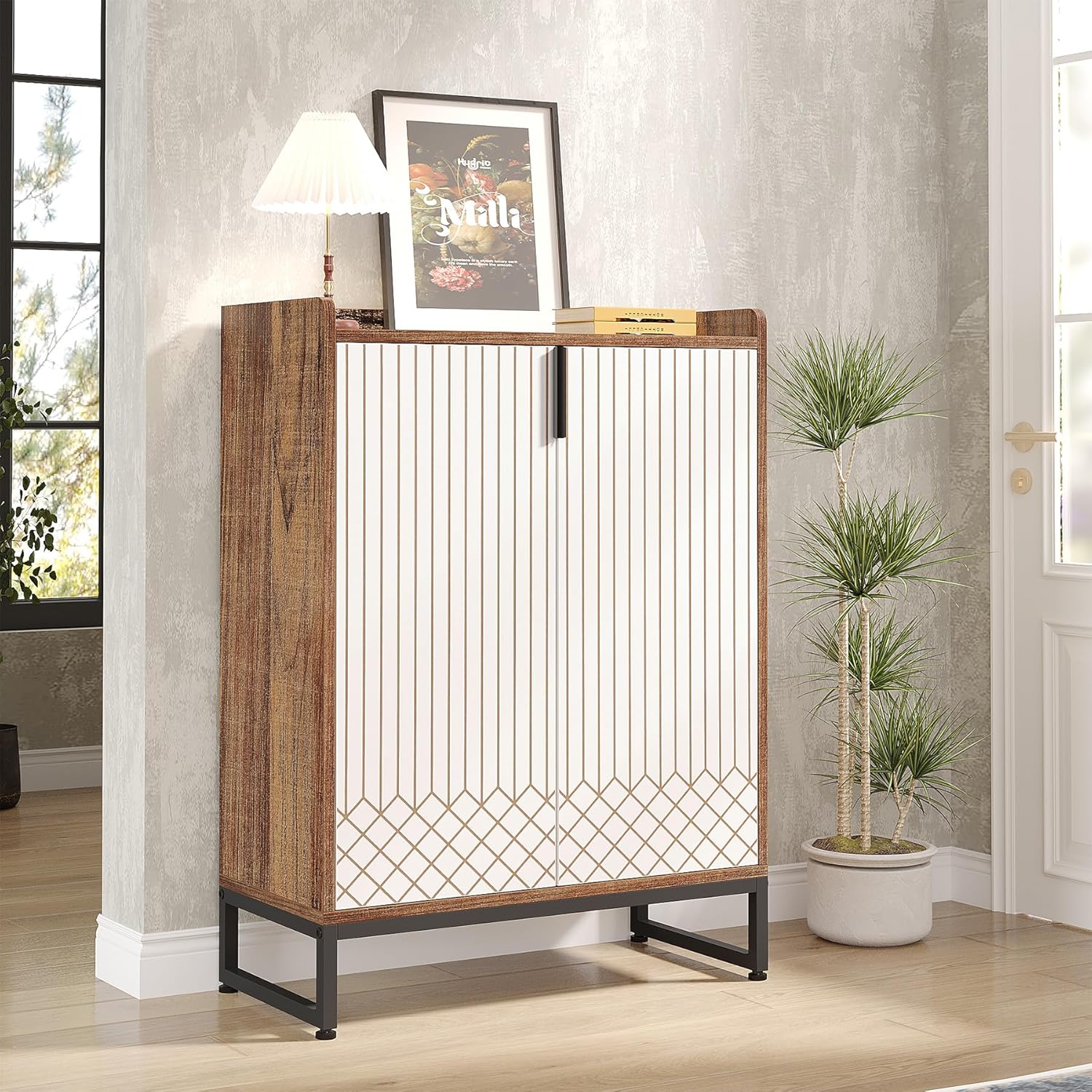 75x35x105 cm moderne schoenenkast, met 2 deuren en 5 laden voor een opgeruimde entree of slaapkamer