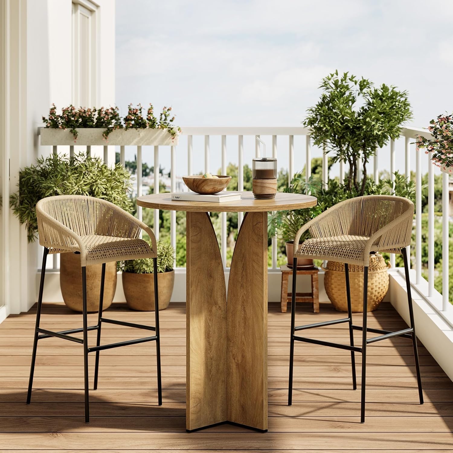 80cm Ronde Bartafel met Staatafelhoogte, Massief Houten Bar voor Bistro en Woonkamer in Bruine Afwerking