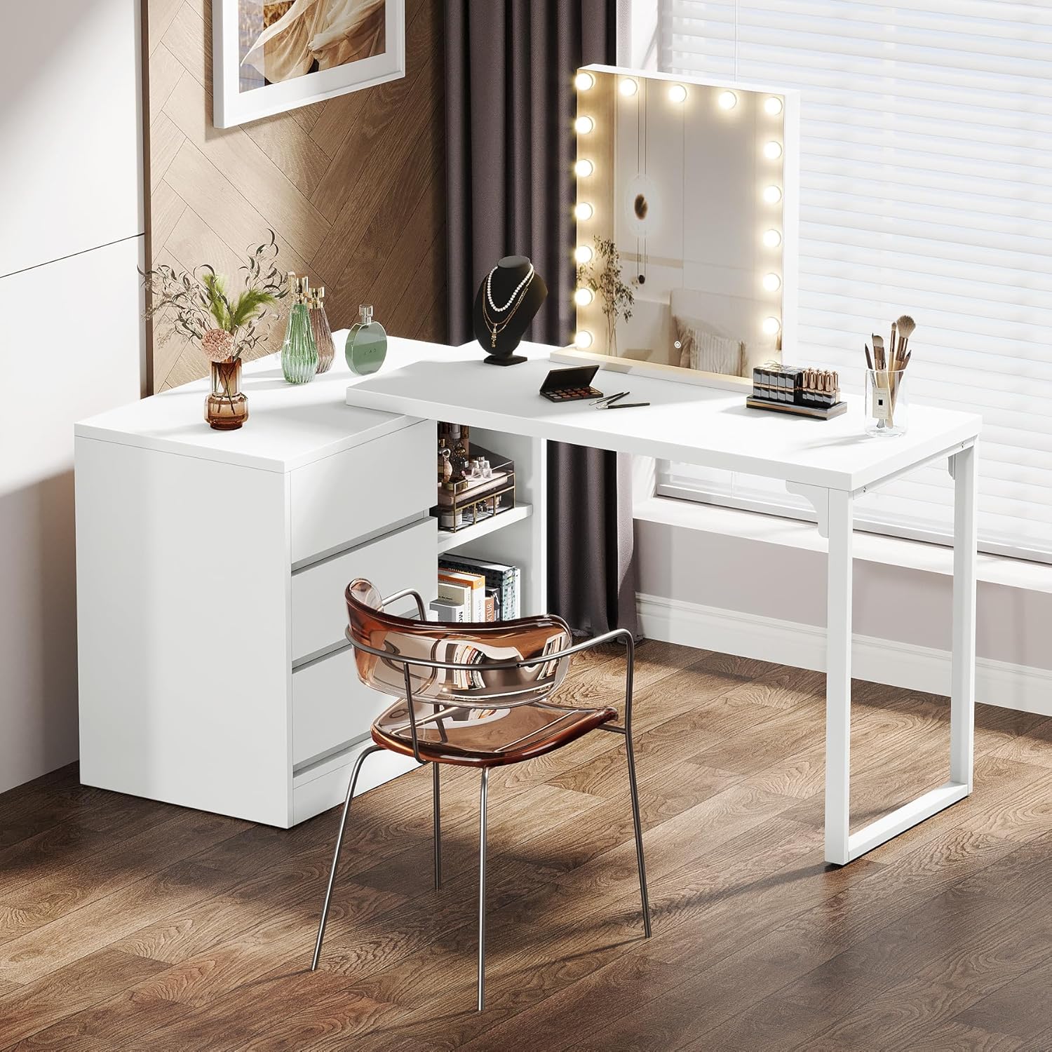 100 cm Kaptafel met 3 Laden en 2 Planken, Hoek Schminktafel met Opbergkast Zonder Spiegel