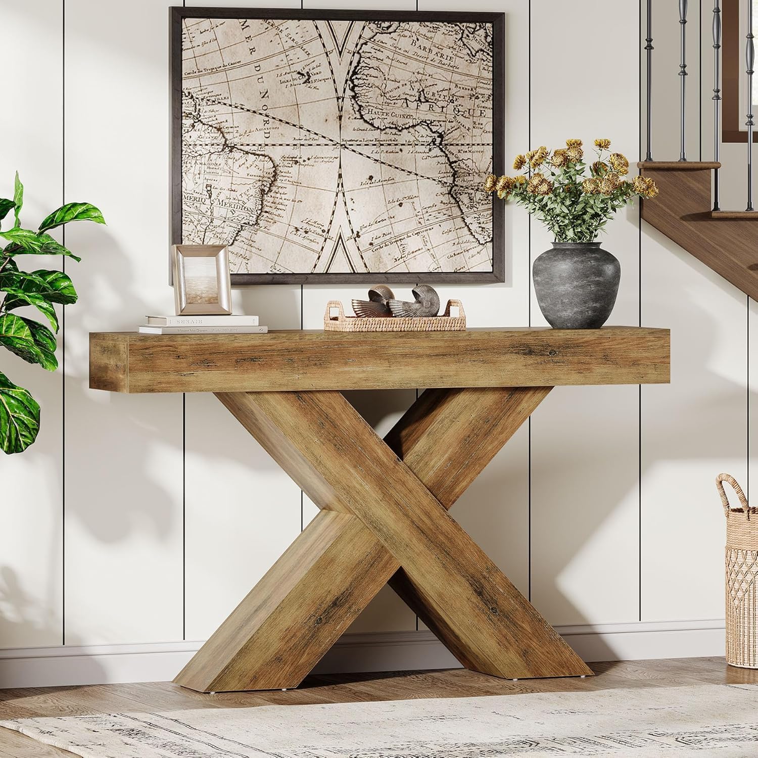 Landelijke consoletafel van 140 cm met X-frame, rustiek bruine haltafel voor woonkamer en entree