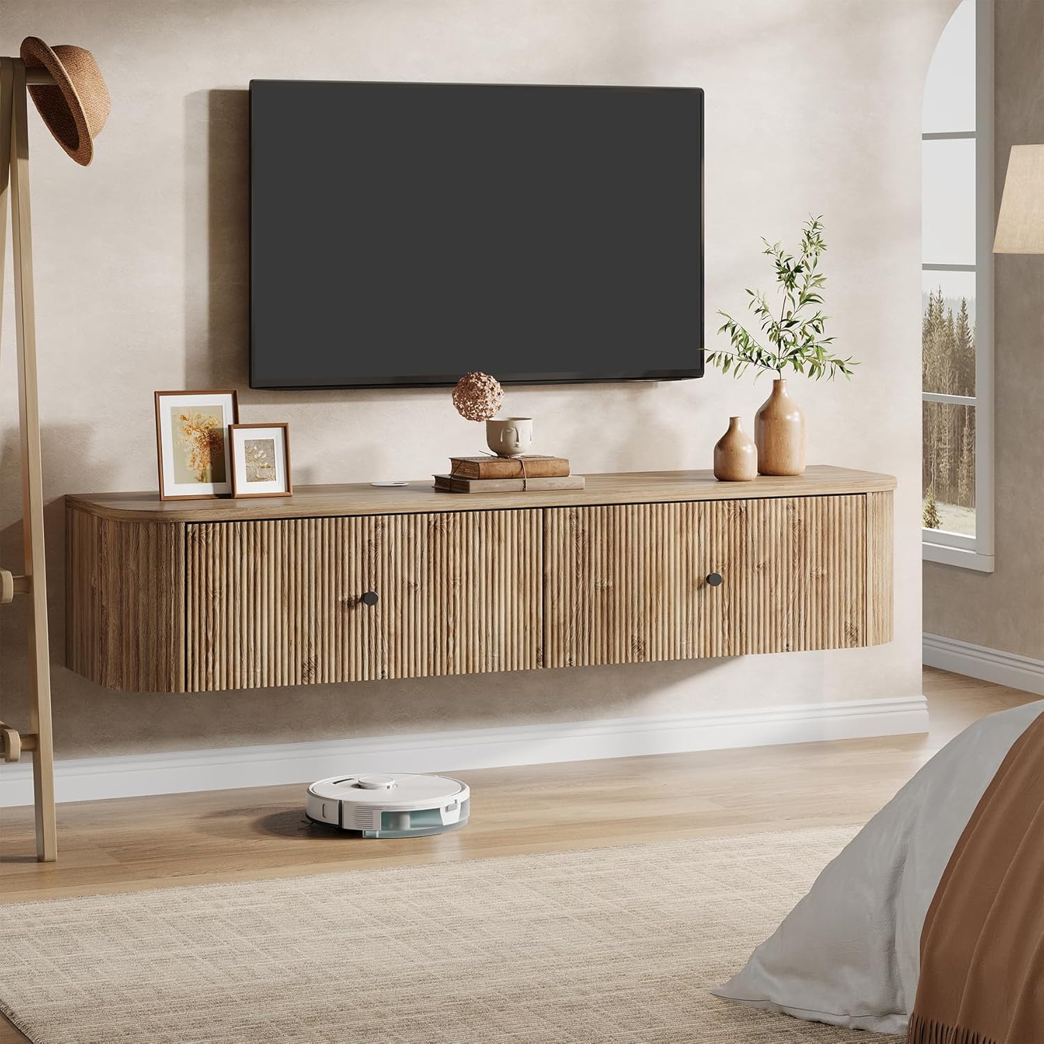 Tribesigns zwevend tv-meubel met 2 geribbelde lades, wandgemonteerde mediakast voor woonkamer en slaapkamer