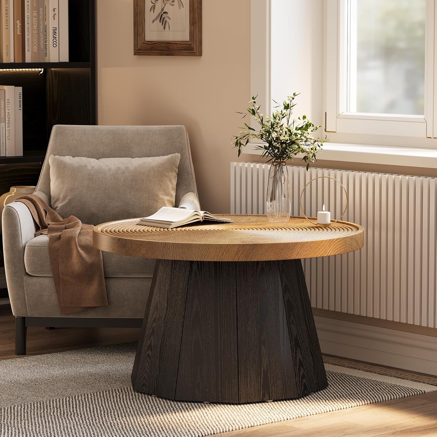 80 cm Ronde Salontafel Landelijke Stijl, Moderne Theetafel voor Woonkamer en Kantoor in Bruin