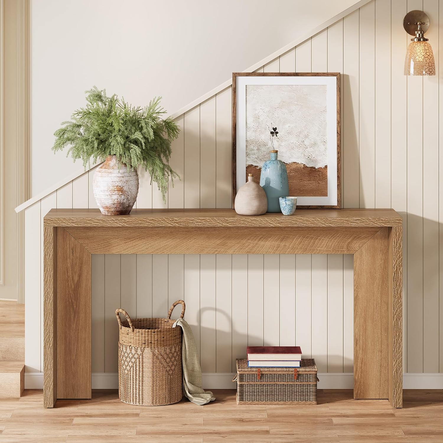140 cm Landelijke Consoletafel met Opbergruimte, Houten Banktafel voor Hal en Woonkamer