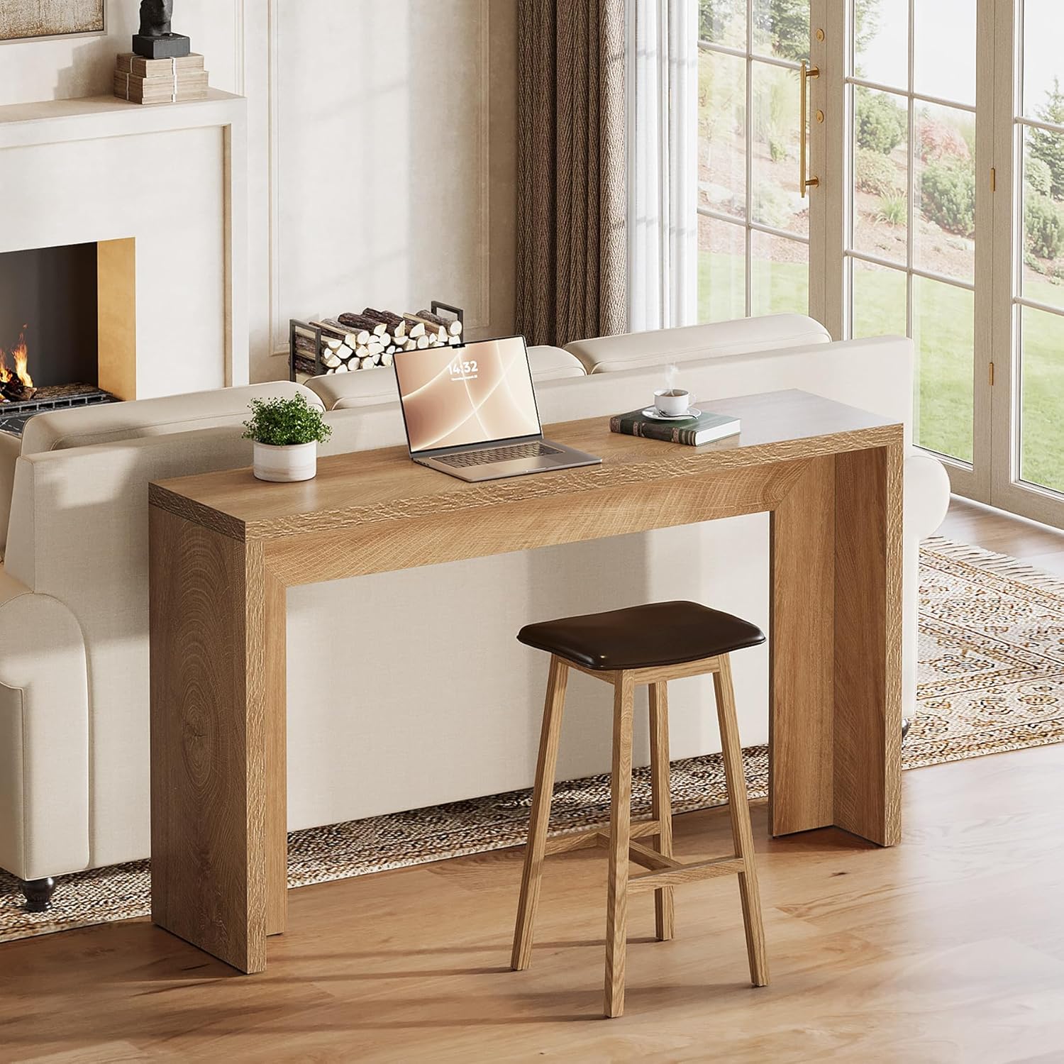 140 cm Landelijke Consoletafel met Opbergruimte, Houten Banktafel voor Hal en Woonkamer
