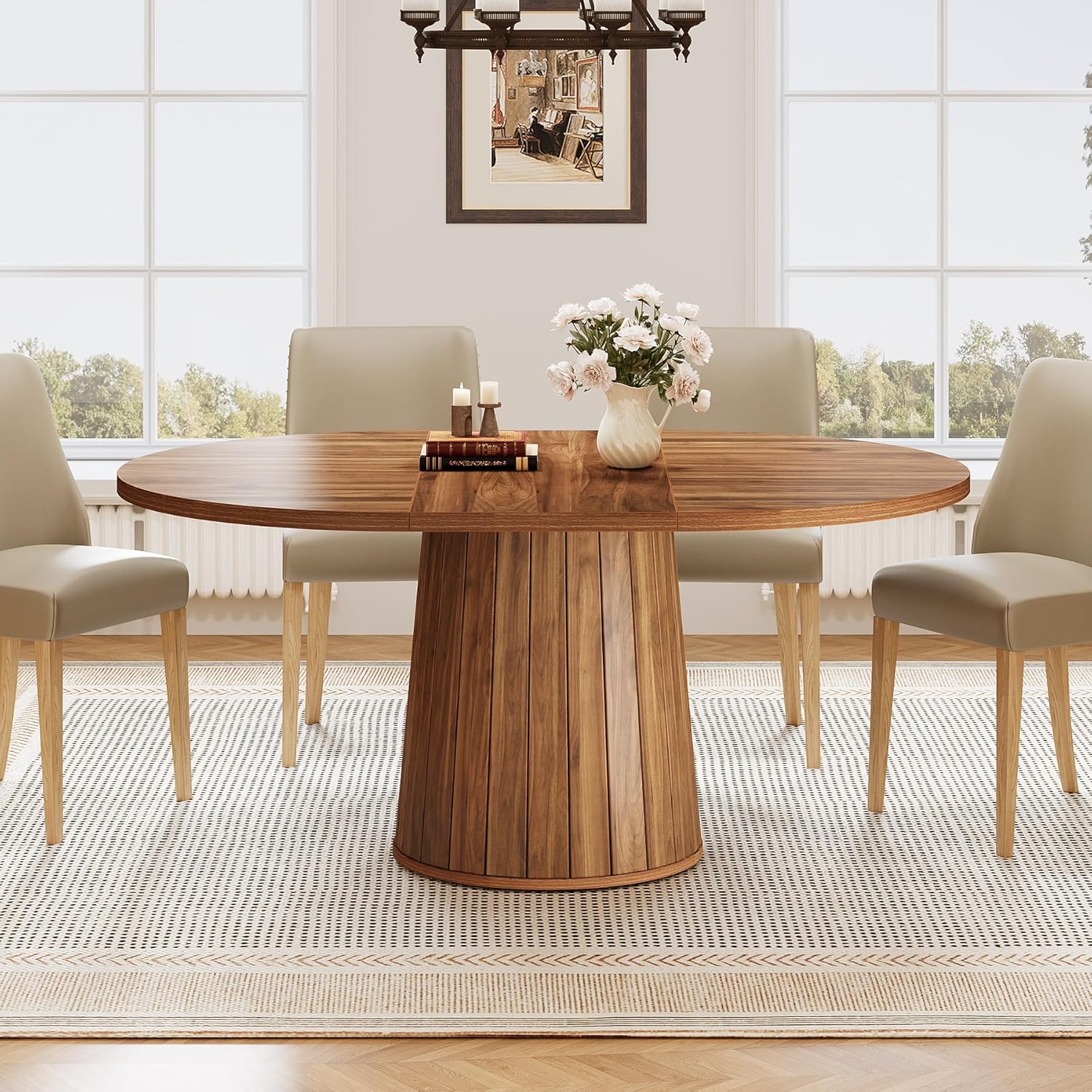 140 cm Ovale Eettafel voor 6 Personen, Boerderijstijl met Massief Houten Blad en Cilindrische Basis in Bruin