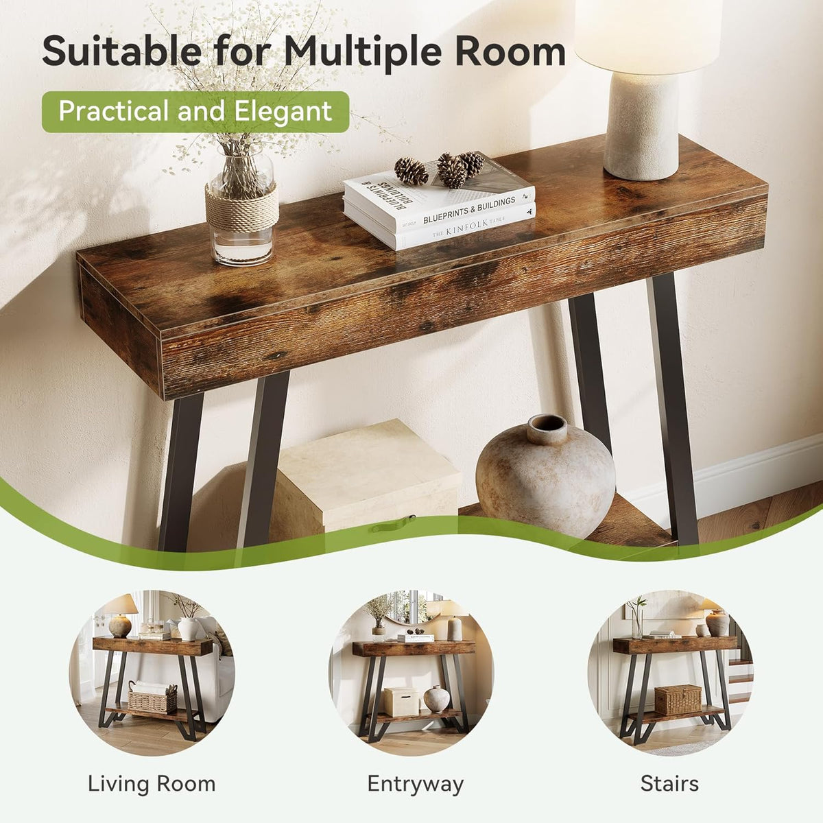 Tribesigns 103 cm Rustieke Industriële Consoletafel met 2 Opbergniveaus, Smalle Sidetable voor Hal en Woonkamer