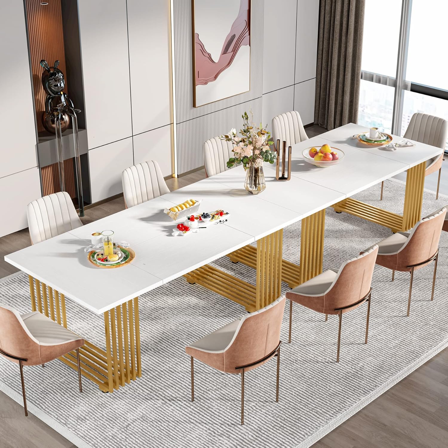 180 cm Eettafel voor Acht Personen, Moderne Witte Tafel met Gouden Accenten voor Eetkamer
