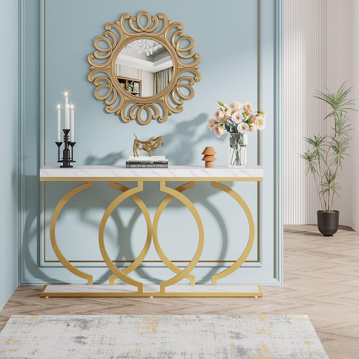 140 cm Gouden Consoletafel met Faux Marmeren Blad, Moderne Smalle Accenttafel voor Woonkamer en Entree