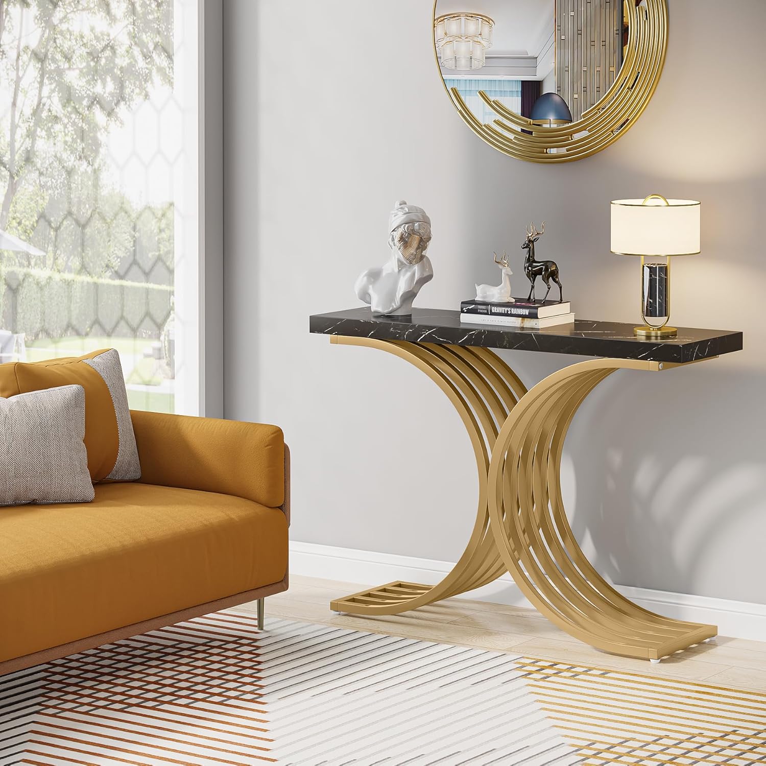 100 cm Smalle Console Tafel, Zijdelingse Tafel met Gouden Metaal Frame