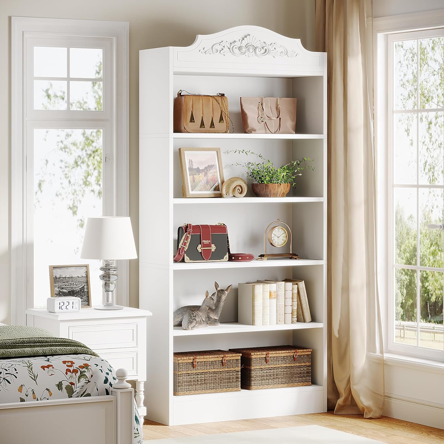 185 cm Tribesigns Boekenkast, Moderne Witte Boekenplank met Gebogen Ontwerp