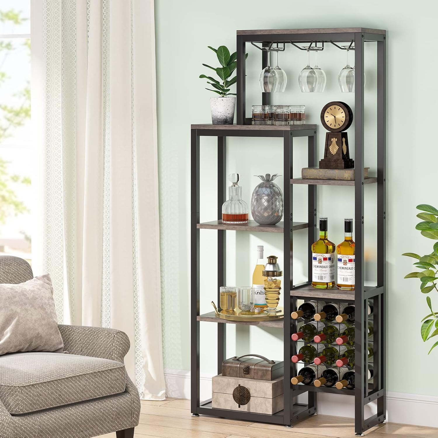 80 cm Vrijstaand Wijnrek, 5 Laags Industrieel Design met Glas Houder in Bruin