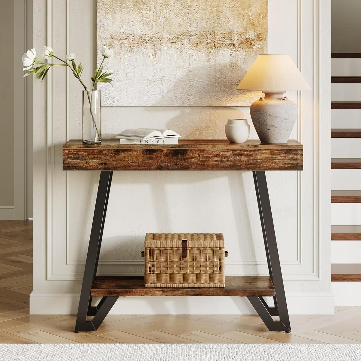 Tribesigns 103 cm Rustieke Industriële Consoletafel met 2 Opbergniveaus, Smalle Sidetable voor Hal en Woonkamer