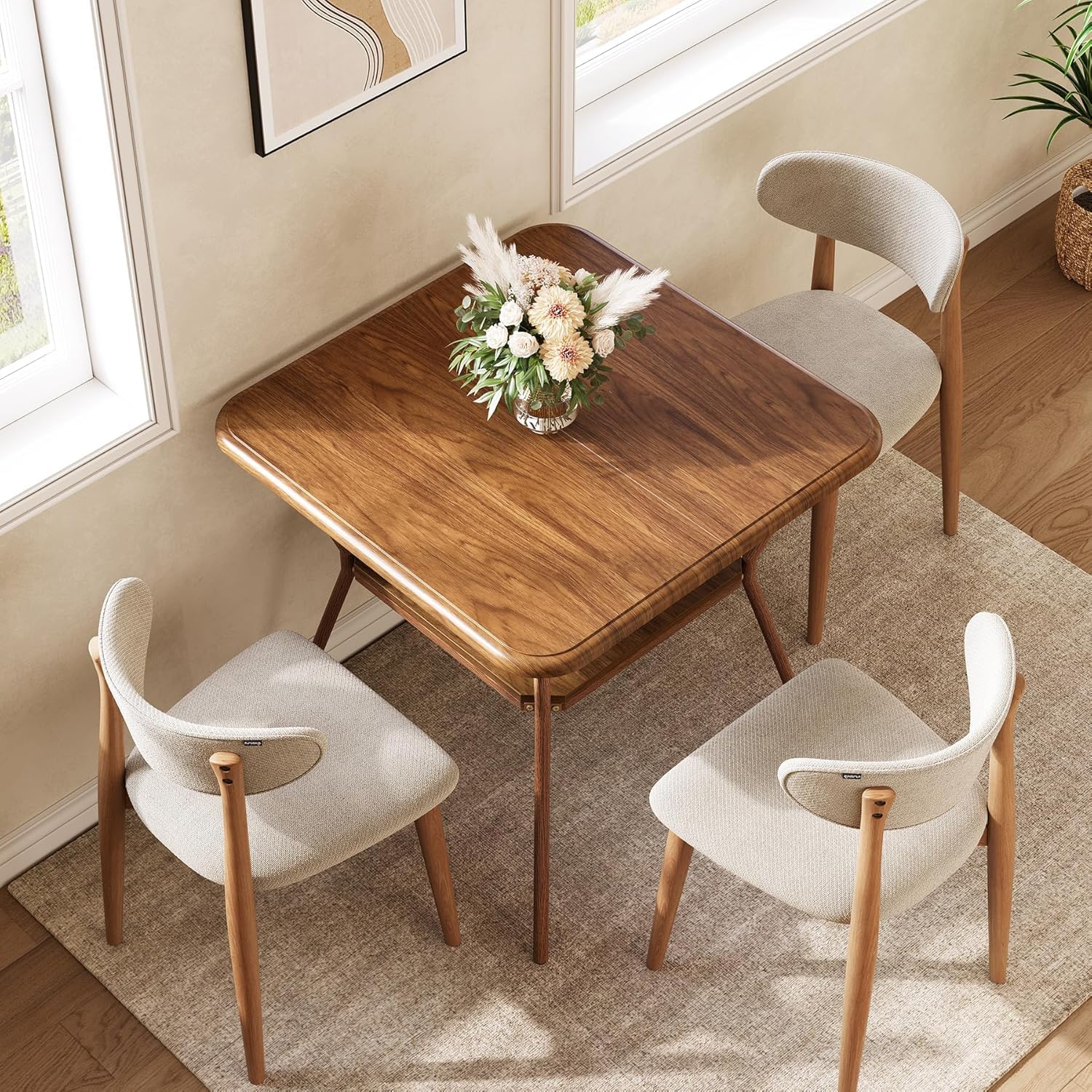 80cm Vierkante Eettafel voor 2-4 Personen, Met Kindveilige Afgeronde Hoeken en Dubbel Opbergrek in Walnootbruin