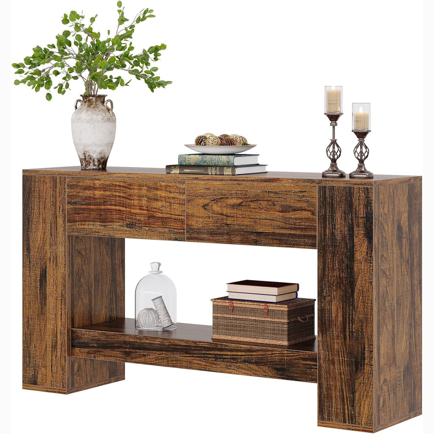 140 cm Rustieke Bruine Consoletafel, Smalle Opbergtafel met 2 Laden en 2 Planken voor Hal en Woonkamer