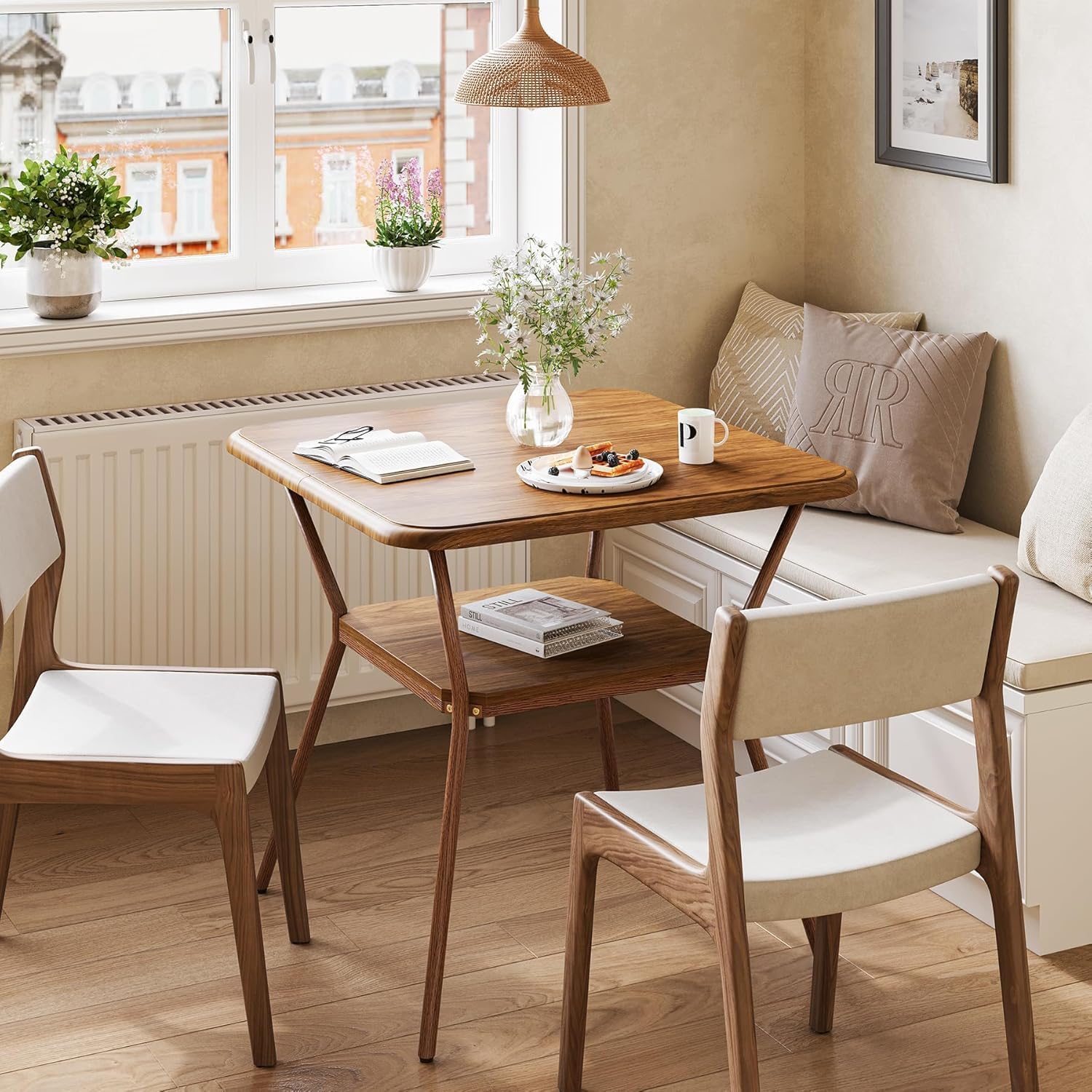 80cm Vierkante Eettafel voor 2-4 Personen, Met Kindveilige Afgeronde Hoeken en Dubbel Opbergrek in Walnootbruin