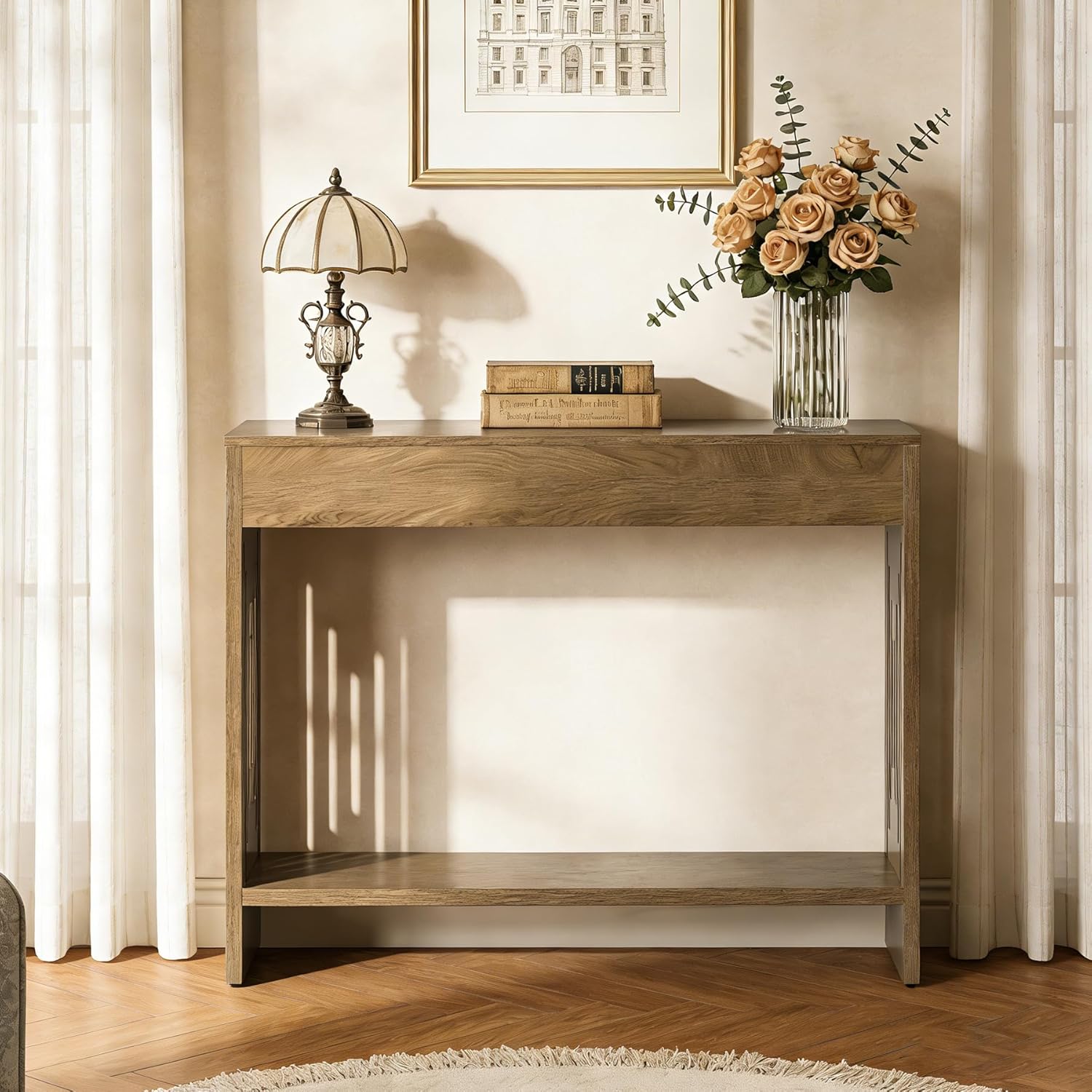 105 cm Smalle Consoletafel met 2 Lagen Opslag, Landelijke Haltafel met Gefreesde Poten