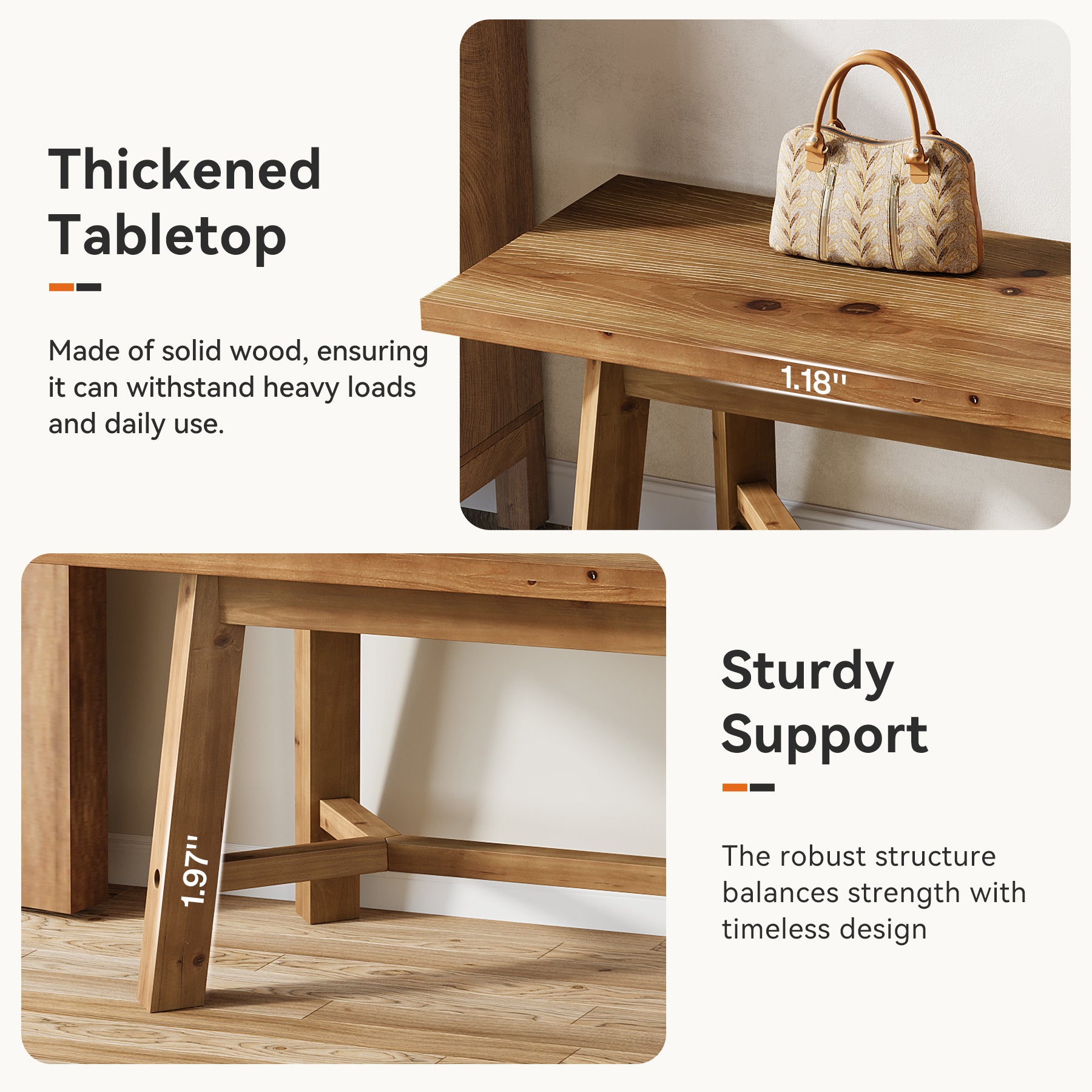 140 cm Tribesigns massief houten halbank met stevig frame, landelijke entreebank voor hal en woonkamer