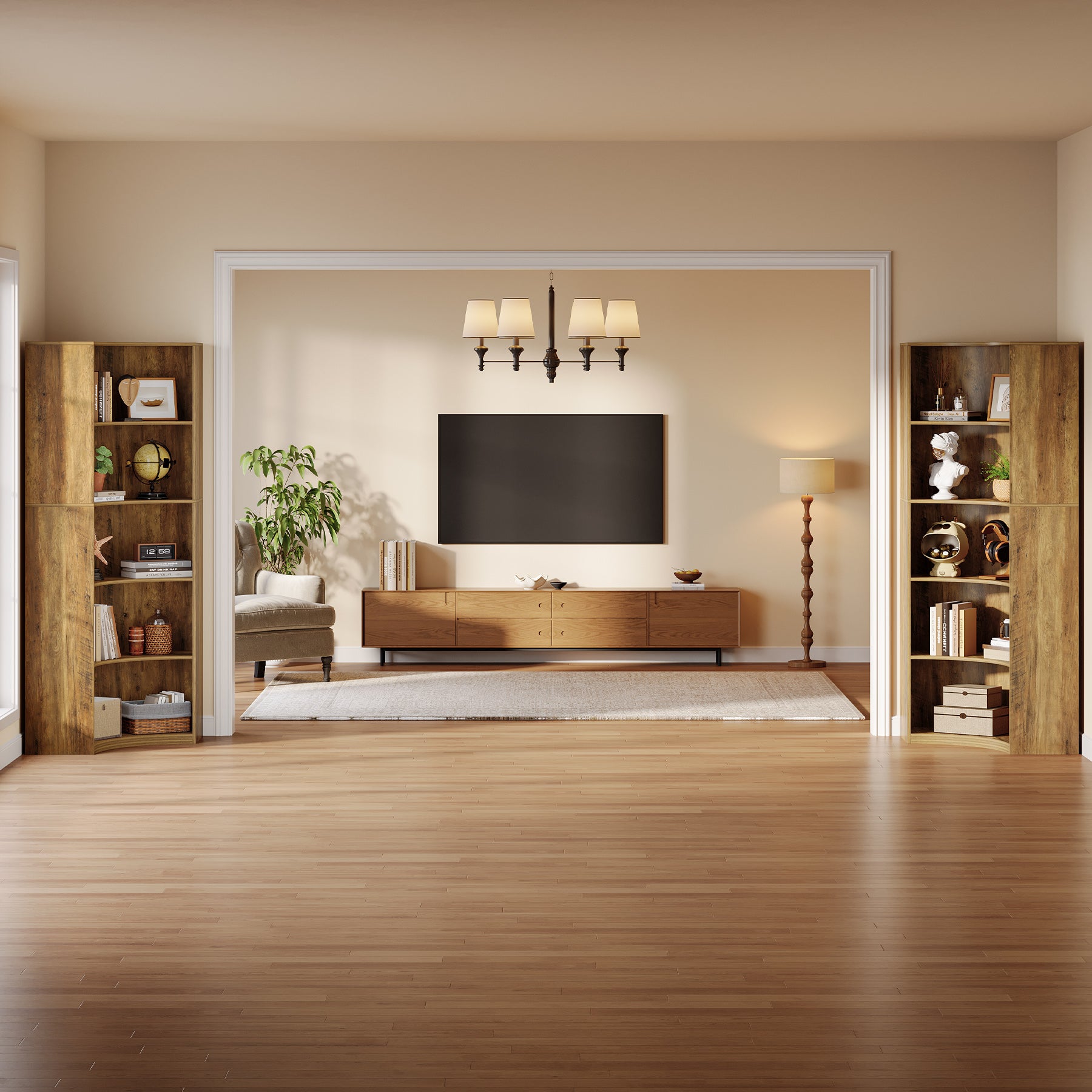 180 cm Hoge Hoekboekenkast, Landelijke Opbergkast met Gebogen Randen voor Woonkamer