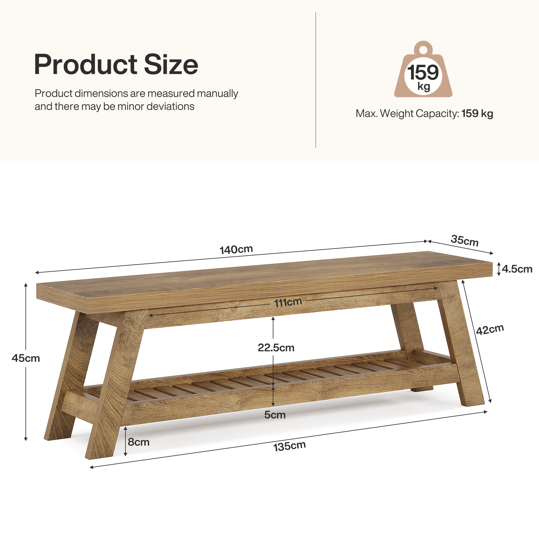 140 cm Houten Bank voor Entree, 2-Laagse Smalle Opbergbank met Open Planken voor Hal